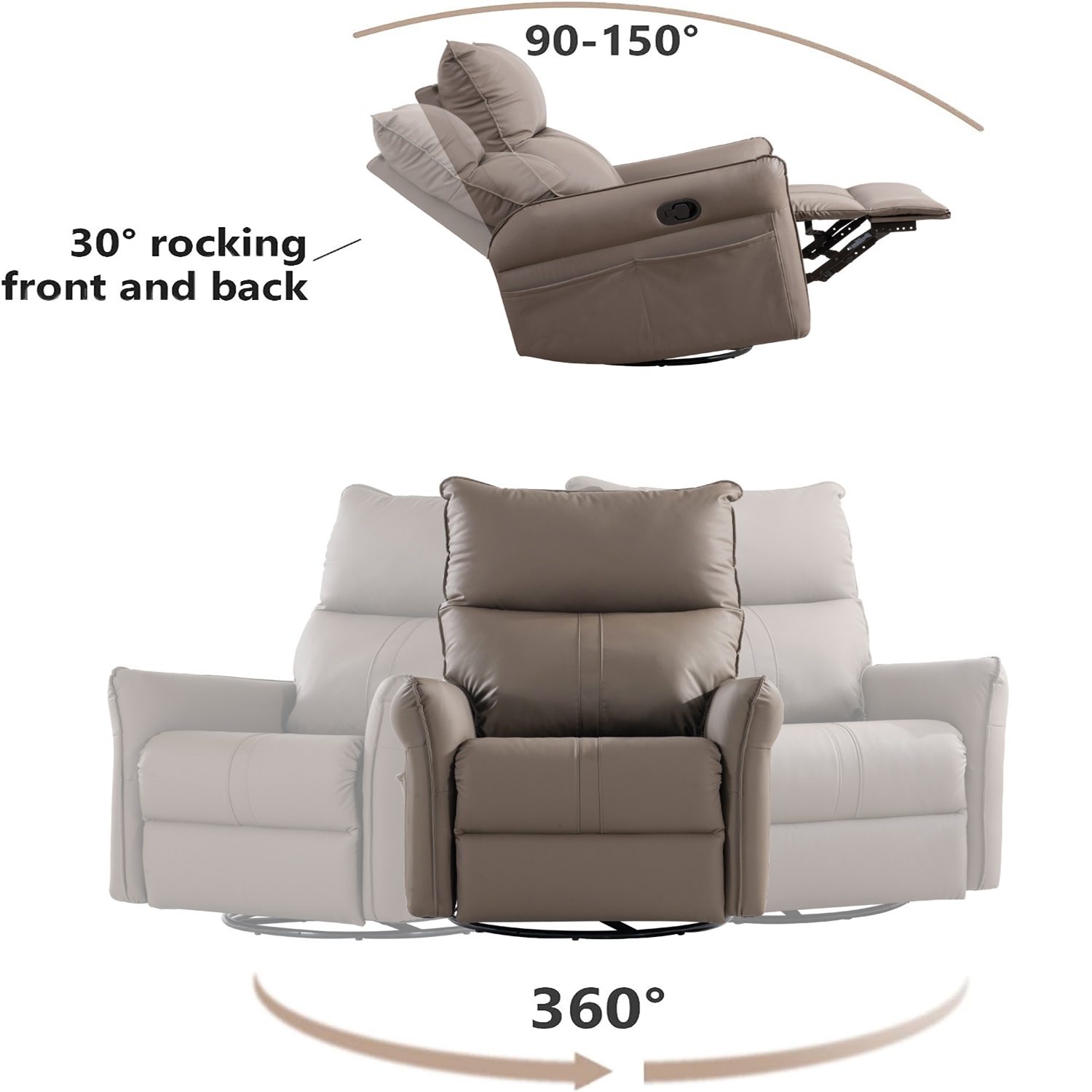 Kepooman Rocking Recliner Chair, 360 Degree Swivel Nursery Rocking Chair, Home Theater Seating with USB Charging Ports for Living Room Bedroom, Brown
