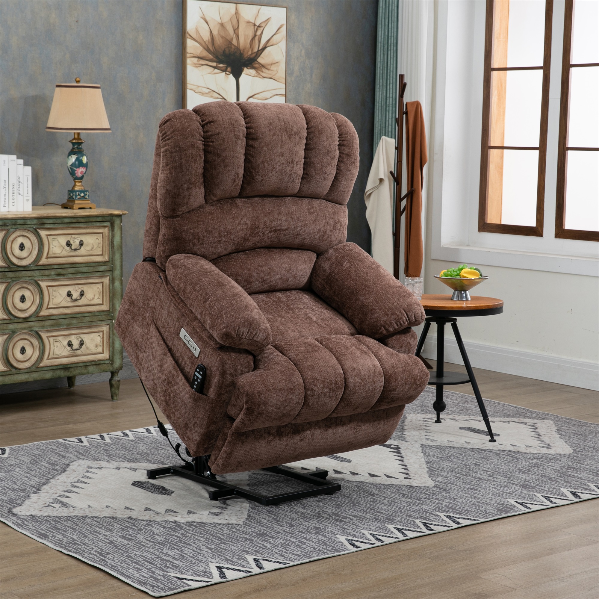 Resenkos Chenille Power Lift Recliner Chair with 8-Point Vibration Massage and Lumbar Heating for Living Room Bedroom, Brown