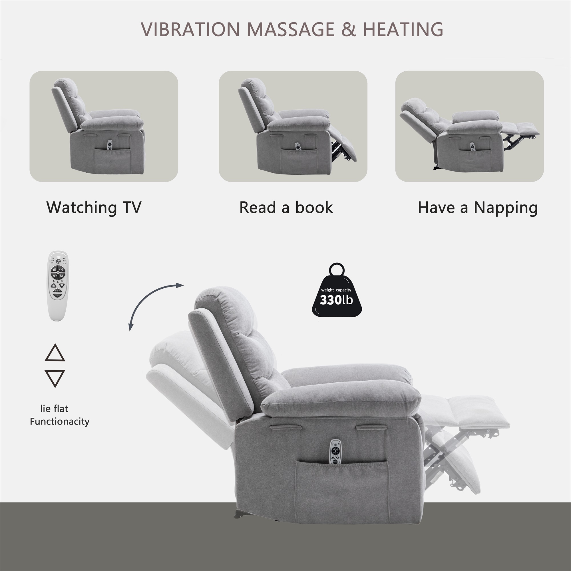 Kadyn Power Recliner Chair with Adjustable Massage Function, Recliner Chair with Heating System for Living Room, Light Gray