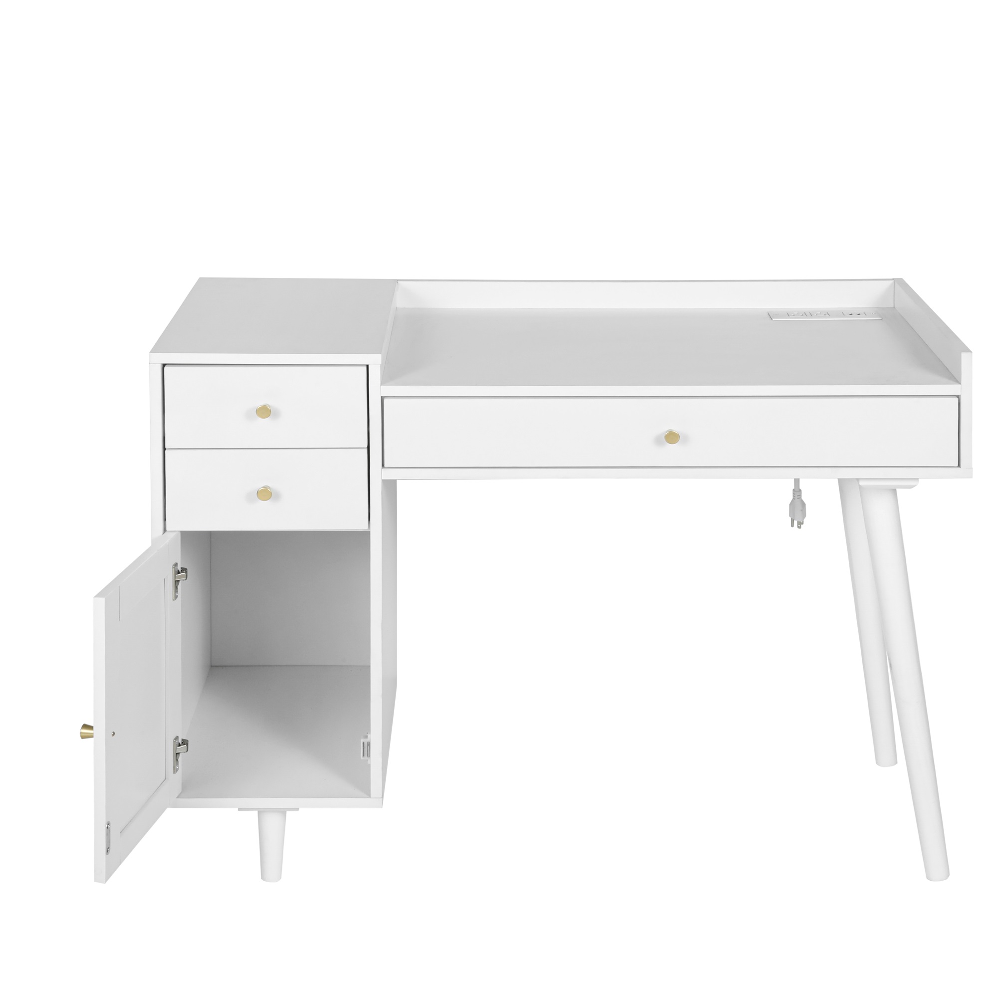 Spaco Modern Makeup Vanity with 3 Drawers, Dressing Table Wood Desk with Rattan Door, White