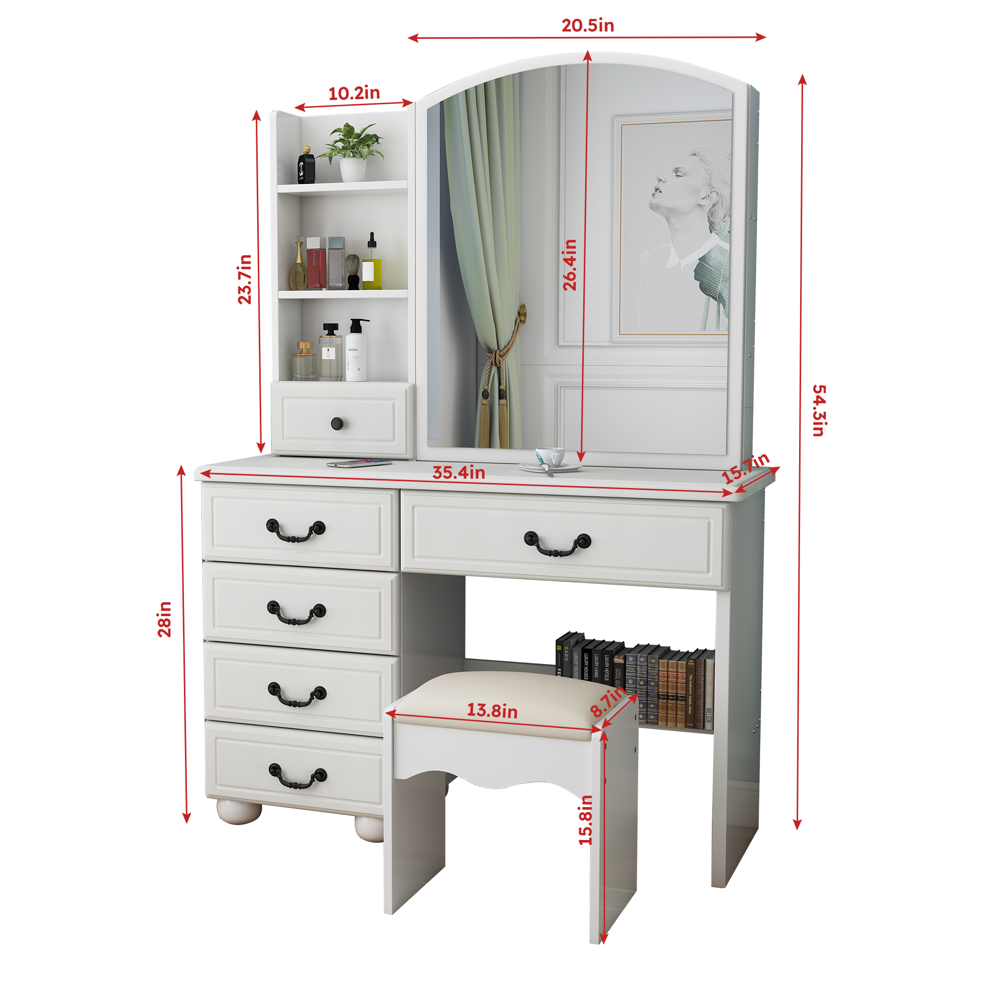 Spaco Vanity Desk, Dressing Table with 3 Color Lighting Brightness Adjustable, 6 Drawers, White