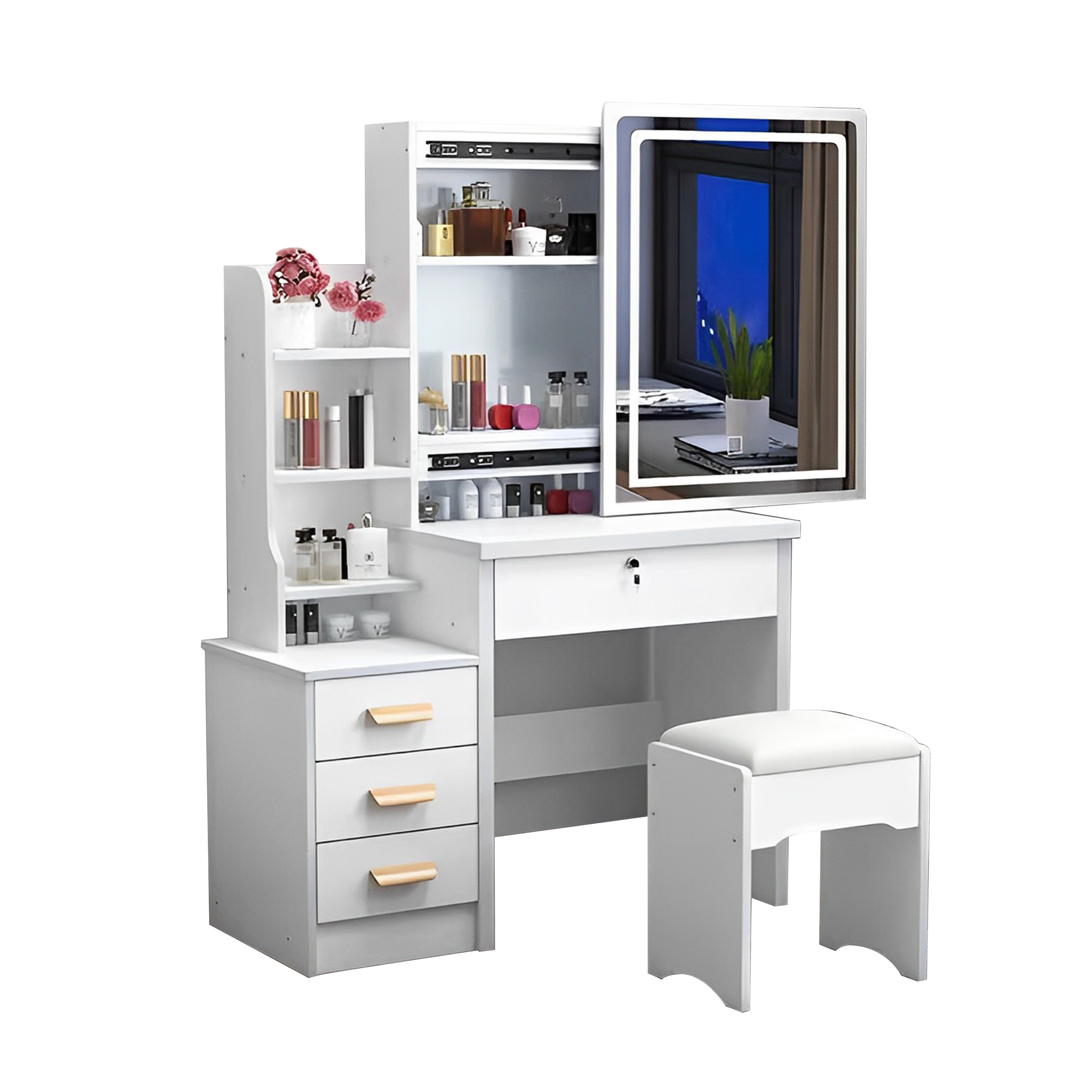 Kepooman Makeup Vanity with Lights and Table Set , Mid-Century Dressing Table 3 Color Lighting Brightness Adjustable for Writing Study Bedroom, White Kepooman Makeup Vanity with Lights and Table Set , Mid-Century Dressing Table 3 Color Lighting Brightness Adjustable for Writing Study Bedroom, White