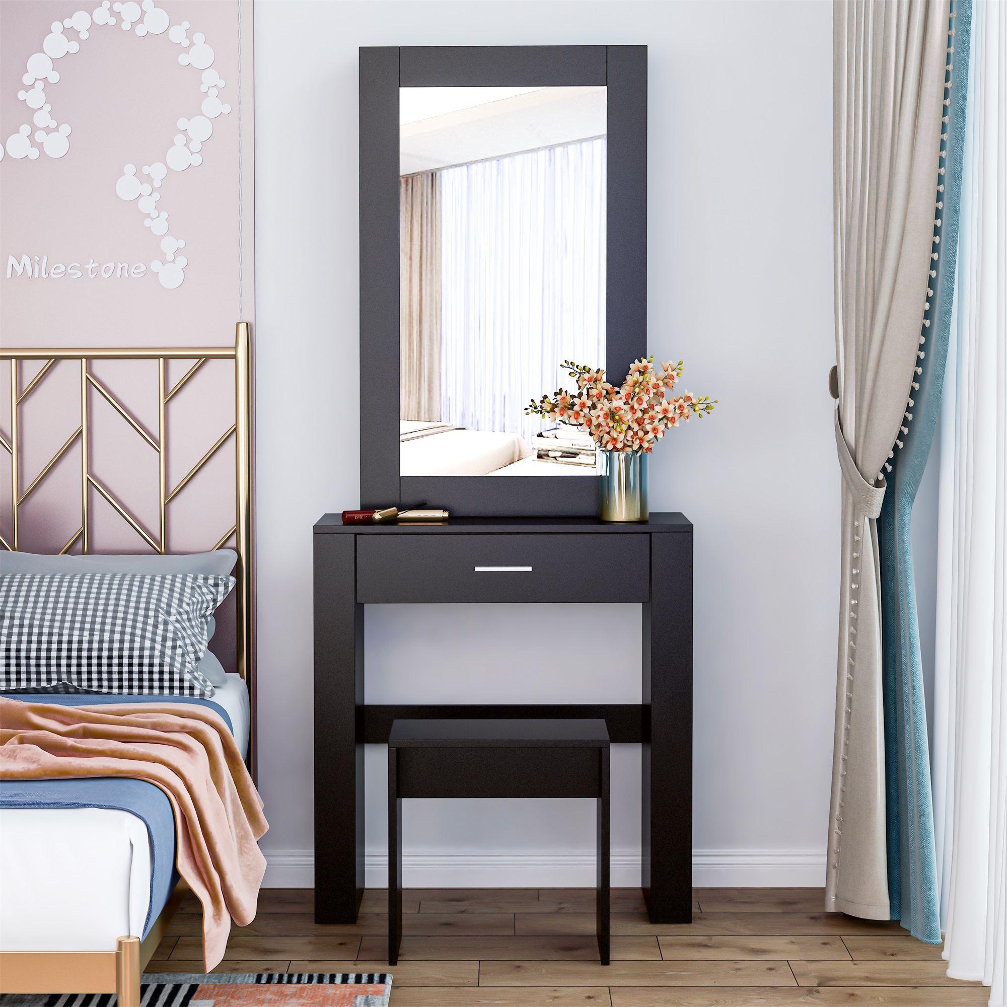 Kepooman Makeup Vanity with Mirror & Stool, Mid-Century Dressing Table for Writing Study Bedroom, Black Kepooman Makeup Vanity with Mirror & Stool, Mid-Century Dressing Table for Writing Study Bedroom, Black