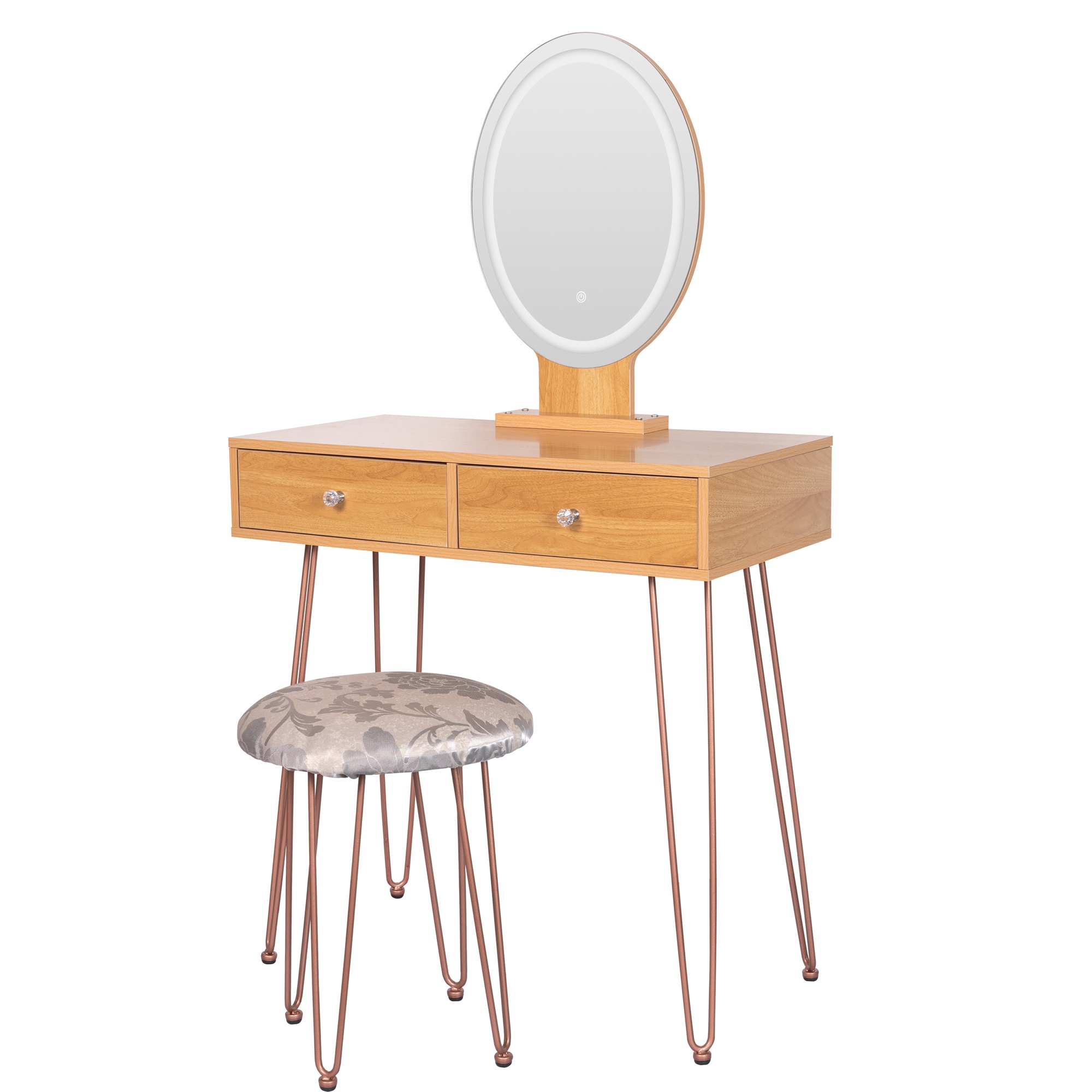 Kadyn Makeup Vanity with 3-Color Dimmable Lighted Mirror, Mid-Century Dressing Table for Writing Study Bedroom, Natural