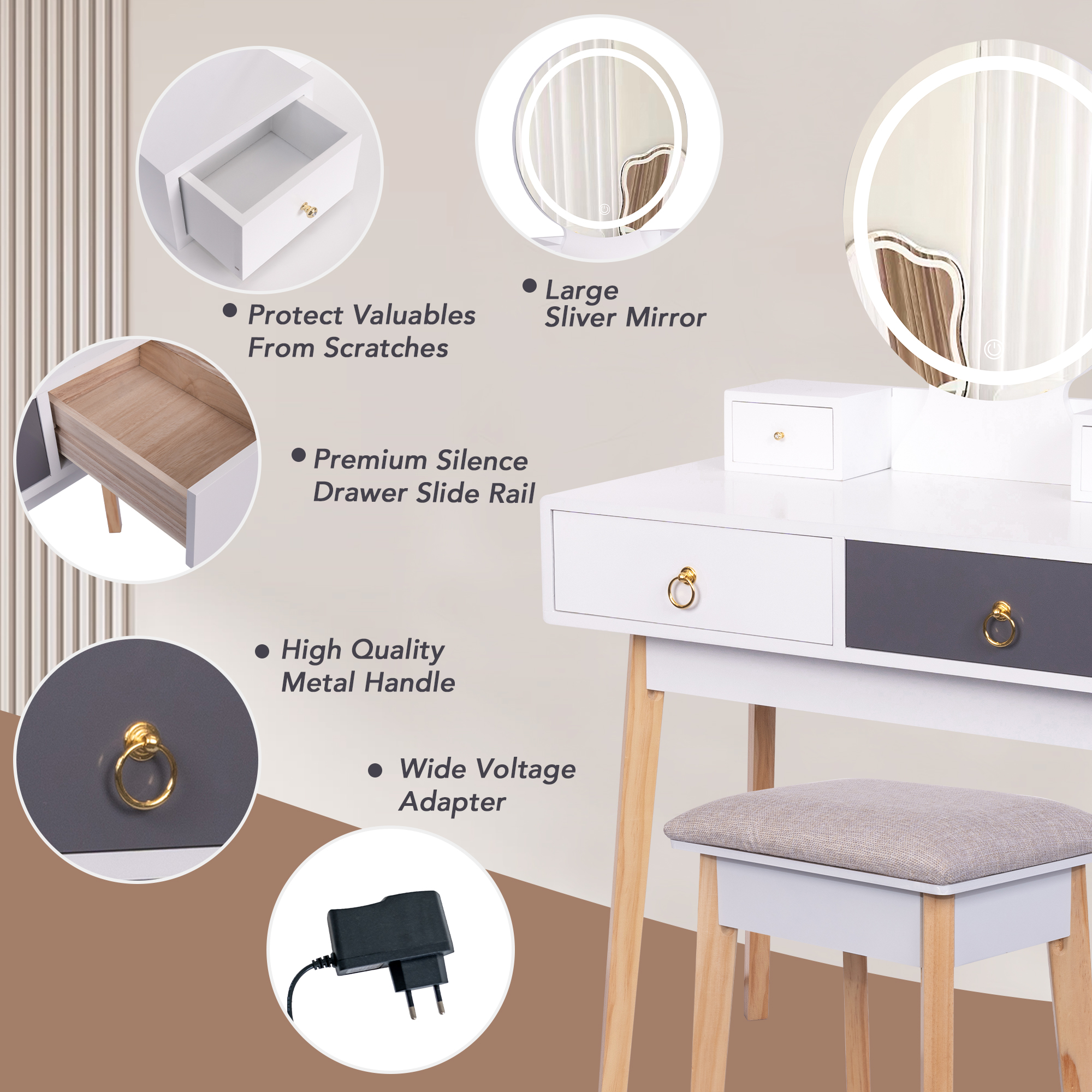 Kepooman Makeup Vanity with 3-Color Dimmable Lighted Mirror, Mid-Century Dressing Table for Writing Study Bedroom, White Kepooman Makeup Vanity with 3-Color Dimmable Lighted Mirror, Mid-Century Dressing Table for Writing Study Bedroom, White