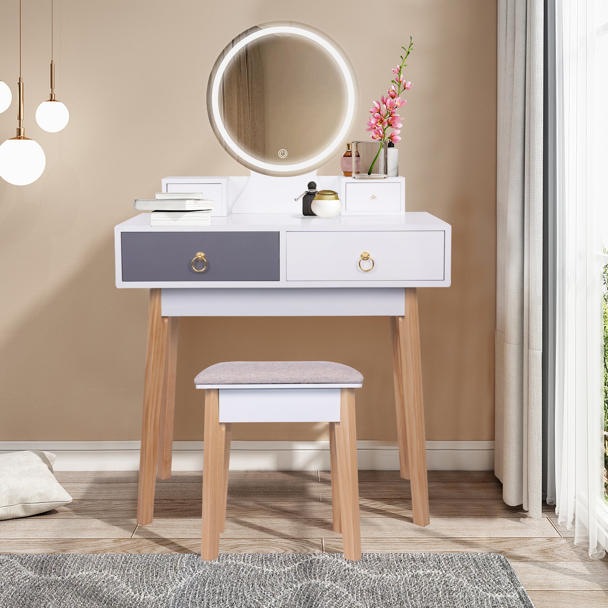 Spaco Modern Dressing Table with 3 Color Lighting Brightness Adjustable, Vanity Desk with 2 Clashing Color Drawers and Gray Padded Stool, white