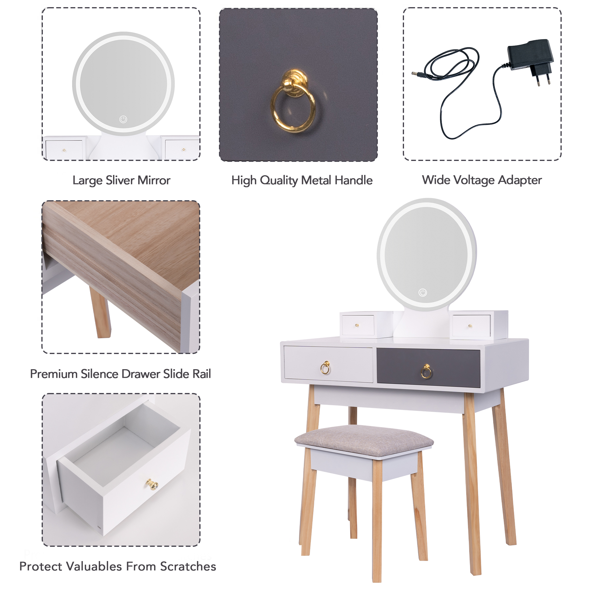 Kepooman Makeup Vanity with 3-Color Dimmable Lighted Mirror, Mid-Century Dressing Table for Writing Study Bedroom, White Kepooman Makeup Vanity with 3-Color Dimmable Lighted Mirror, Mid-Century Dressing Table for Writing Study Bedroom, White