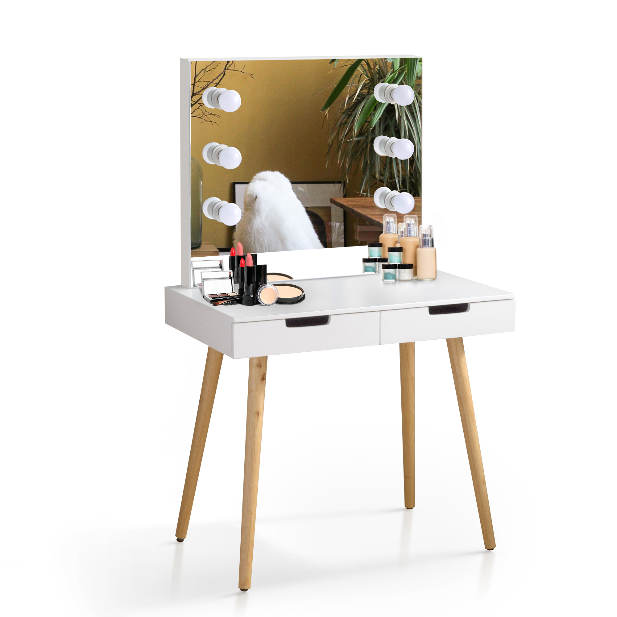 Kadyn Makeup Vanity with LED Lighted Mirror, Mid-Century Dressing Table for Writing Study Bedroom, White