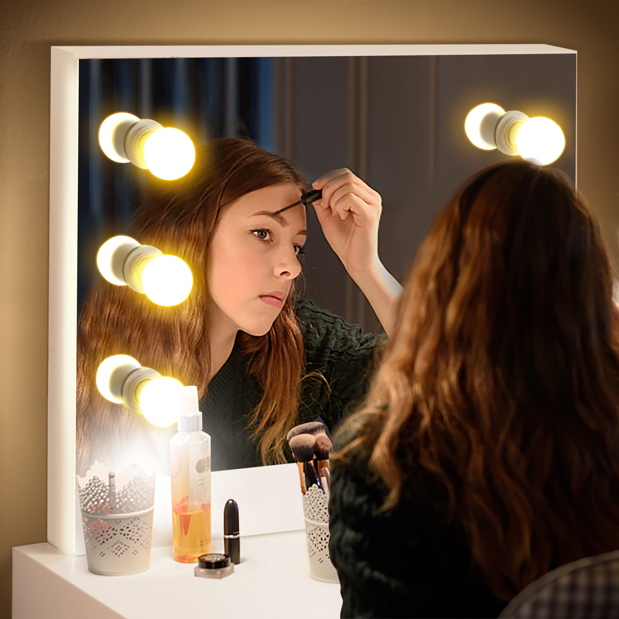 Kepooman Makeup Vanity with LED Lighted Mirror, Mid-Century Dressing Table for Writing Study Bedroom, White Kepooman Makeup Vanity with LED Lighted Mirror, Mid-Century Dressing Table for Writing Study Bedroom, White