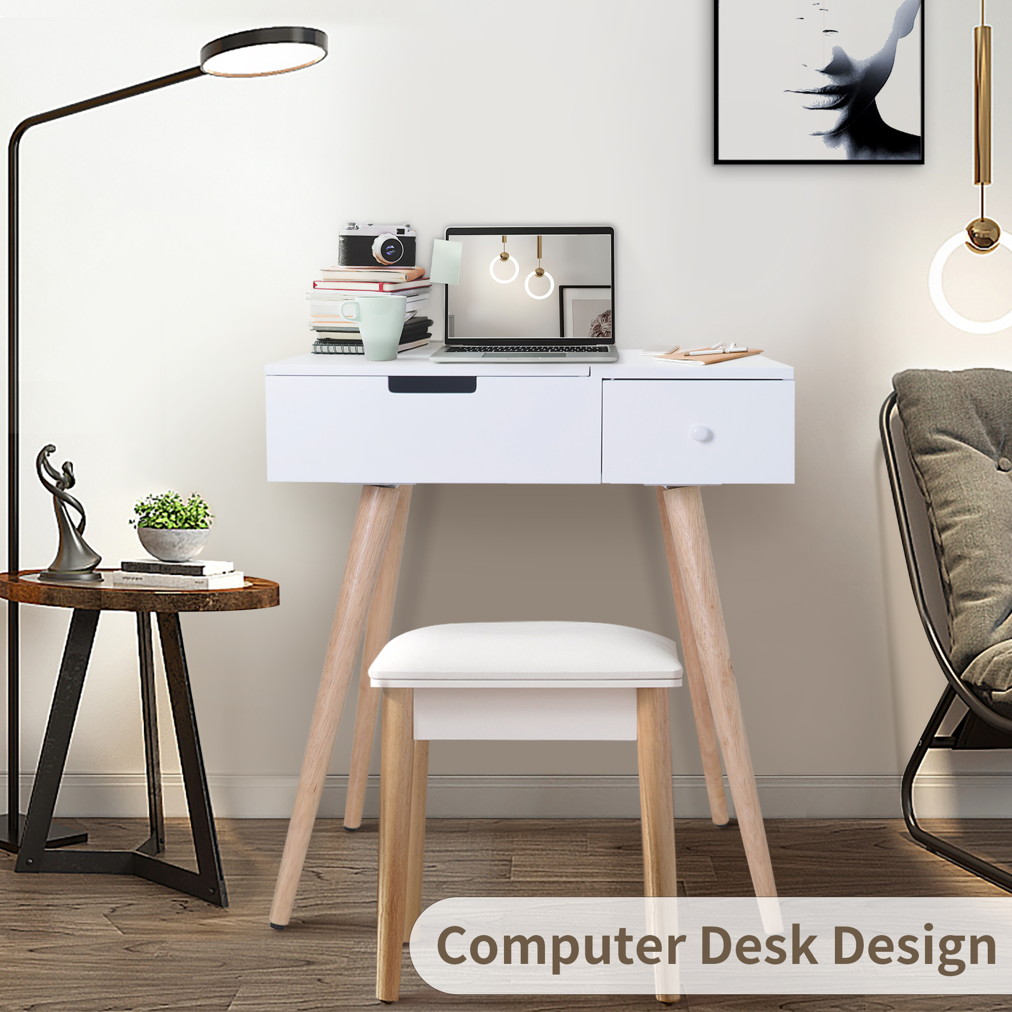 Kepooman Makeup Vanity with Flip-Top Mirror and 2 Drawers, Mid-Century Dressing Table for Writing Study Bedroom, White Kepooman Makeup Vanity with Flip-Top Mirror and 2 Drawers, Mid-Century Dressing Table for Writing Study Bedroom, White