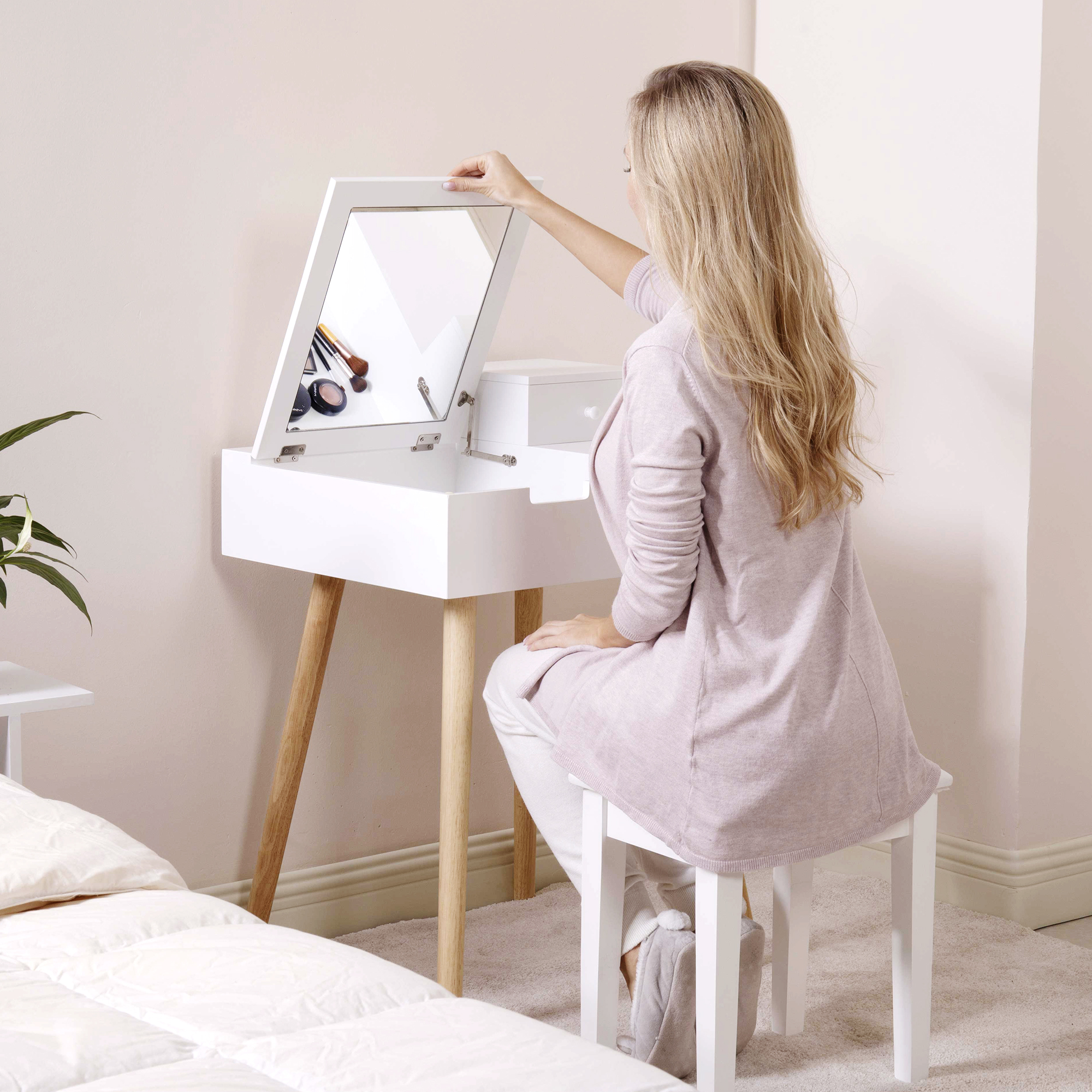 Kepooman Makeup Vanity with Flip-Top Mirror and 2 Drawers, Mid-Century Dressing Table for Writing Study Bedroom, White Kepooman Makeup Vanity with Flip-Top Mirror and 2 Drawers, Mid-Century Dressing Table for Writing Study Bedroom, White
