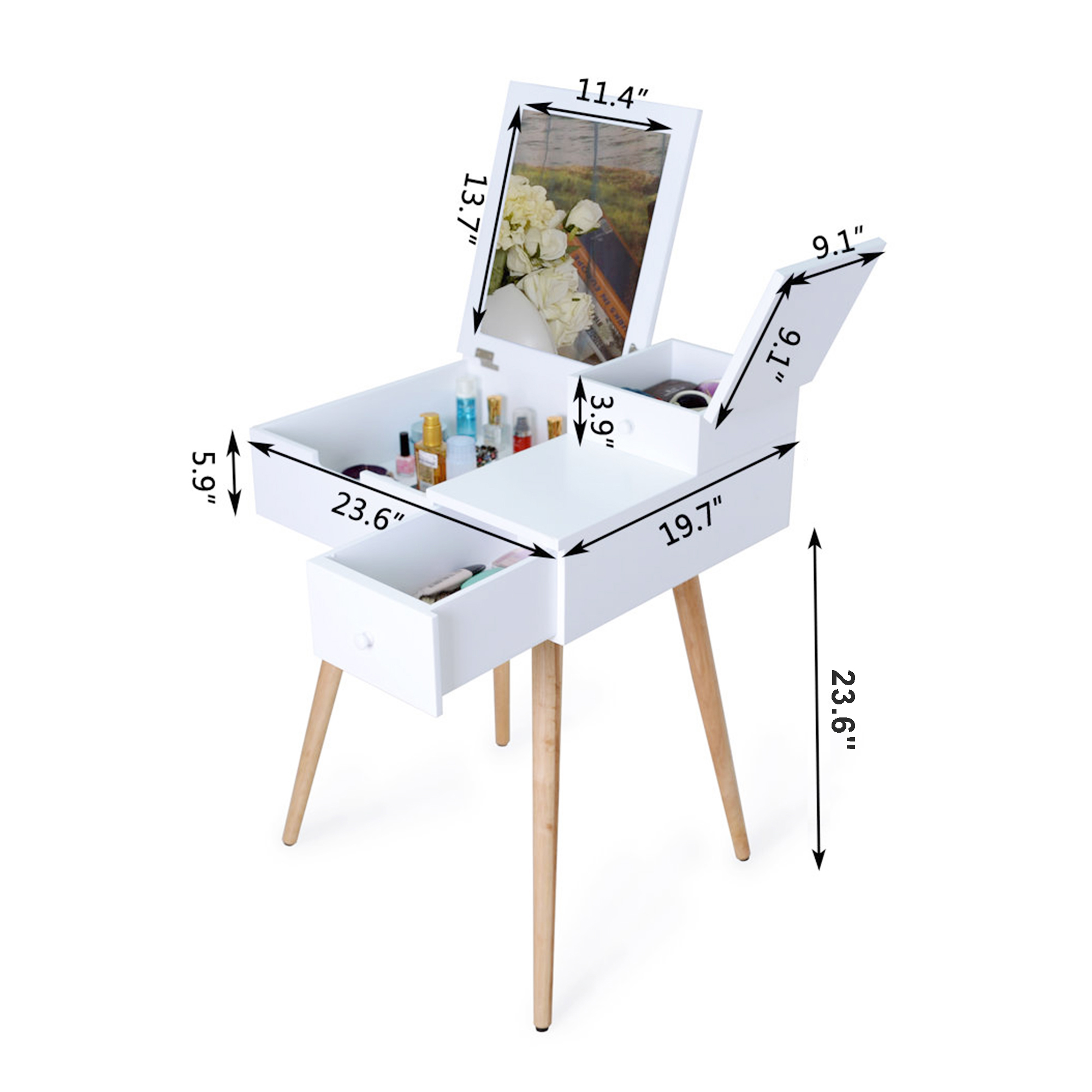 Kepooman Makeup Vanity with Flip-Top Mirror and 2 Drawers, Mid-Century Dressing Table for Writing Study Bedroom, White Kepooman Makeup Vanity with Flip-Top Mirror and 2 Drawers, Mid-Century Dressing Table for Writing Study Bedroom, White