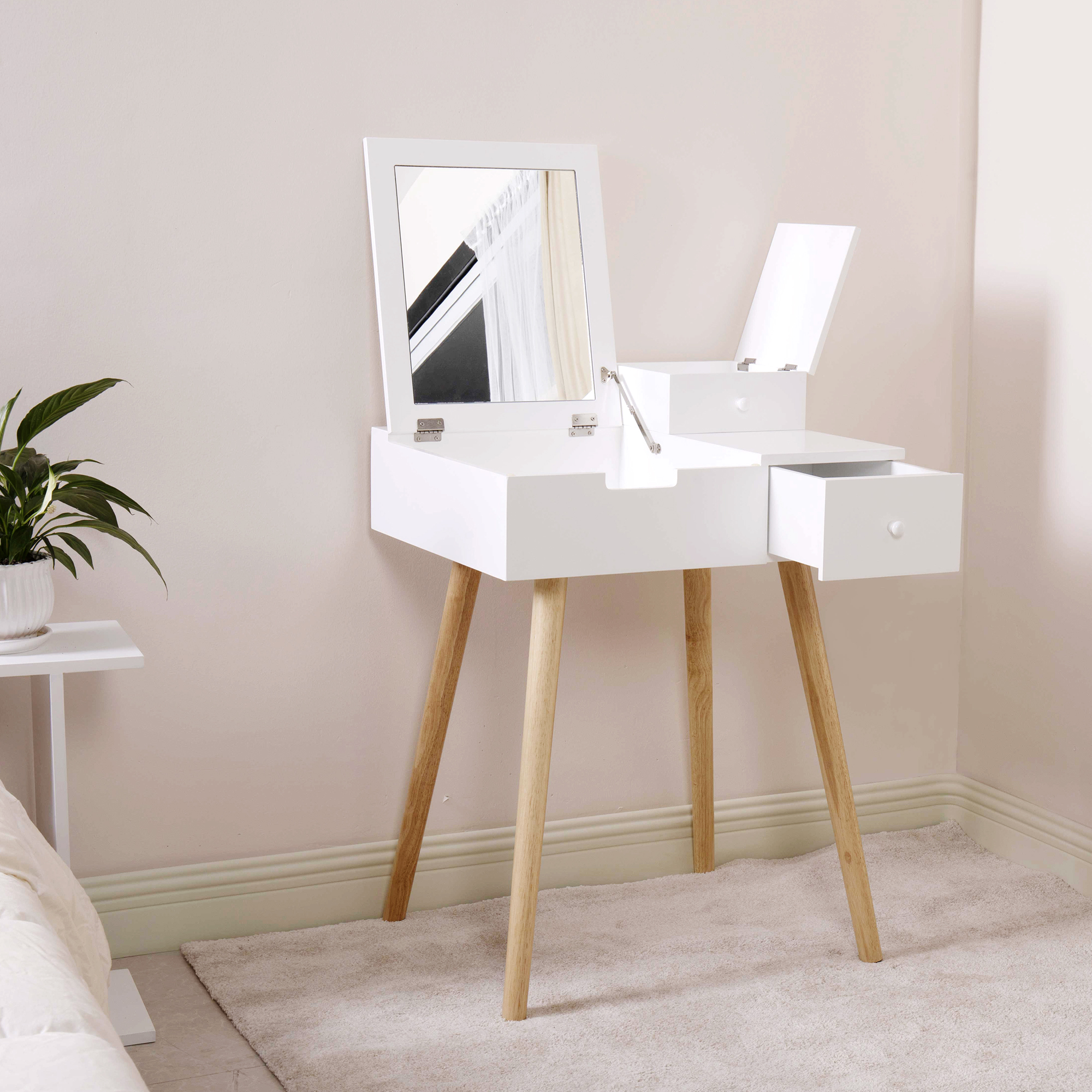 Kepooman Makeup Vanity with Flip-Top Mirror and 2 Drawers, Mid-Century Dressing Table for Writing Study Bedroom, White Kepooman Makeup Vanity with Flip-Top Mirror and 2 Drawers, Mid-Century Dressing Table for Writing Study Bedroom, White