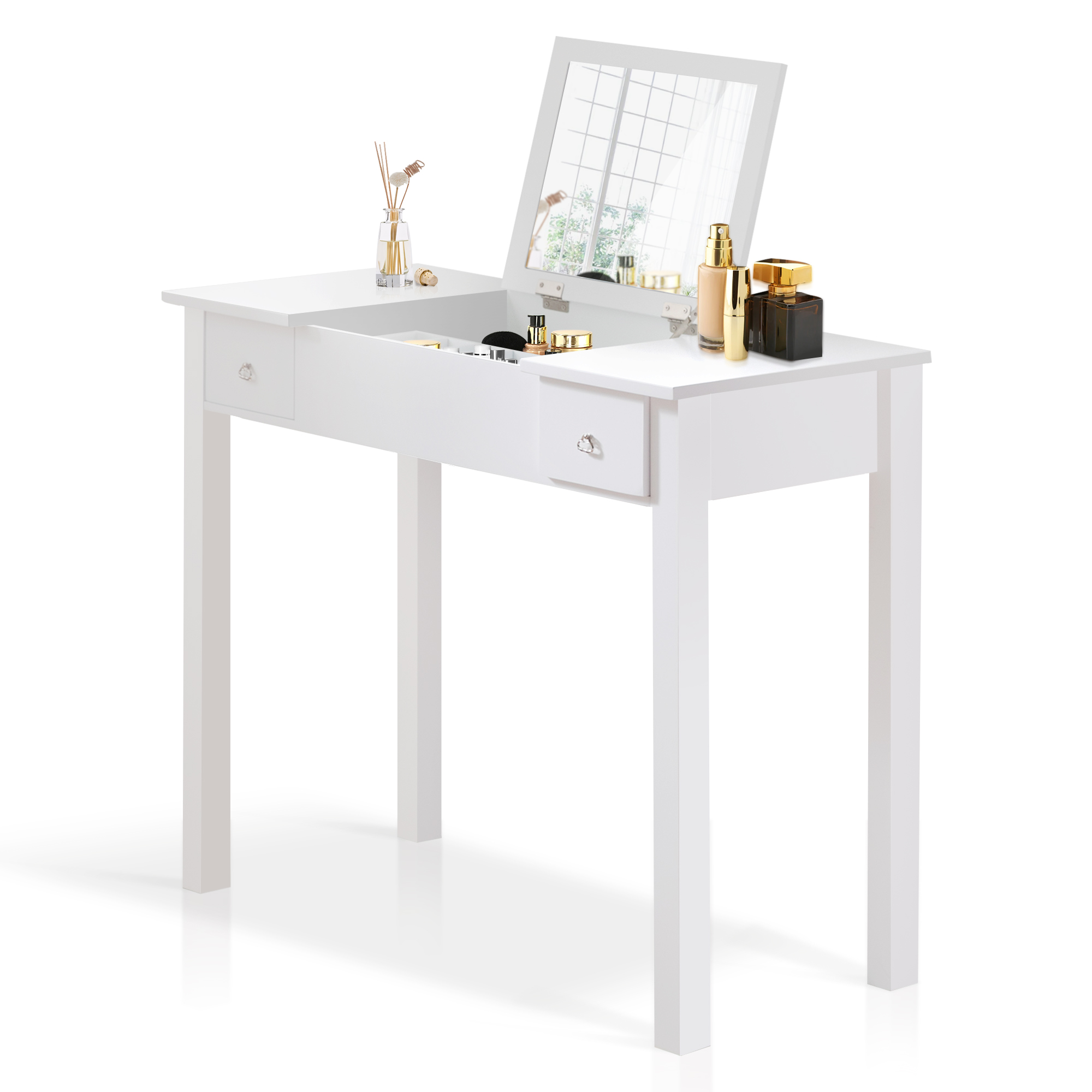 Spaco Modern Vanity Table Set with Upholstered Stool, Flip-Top Mirror, 2 Drawers, Girls Bedroom Dressing Table Vanity Set with Stool, White