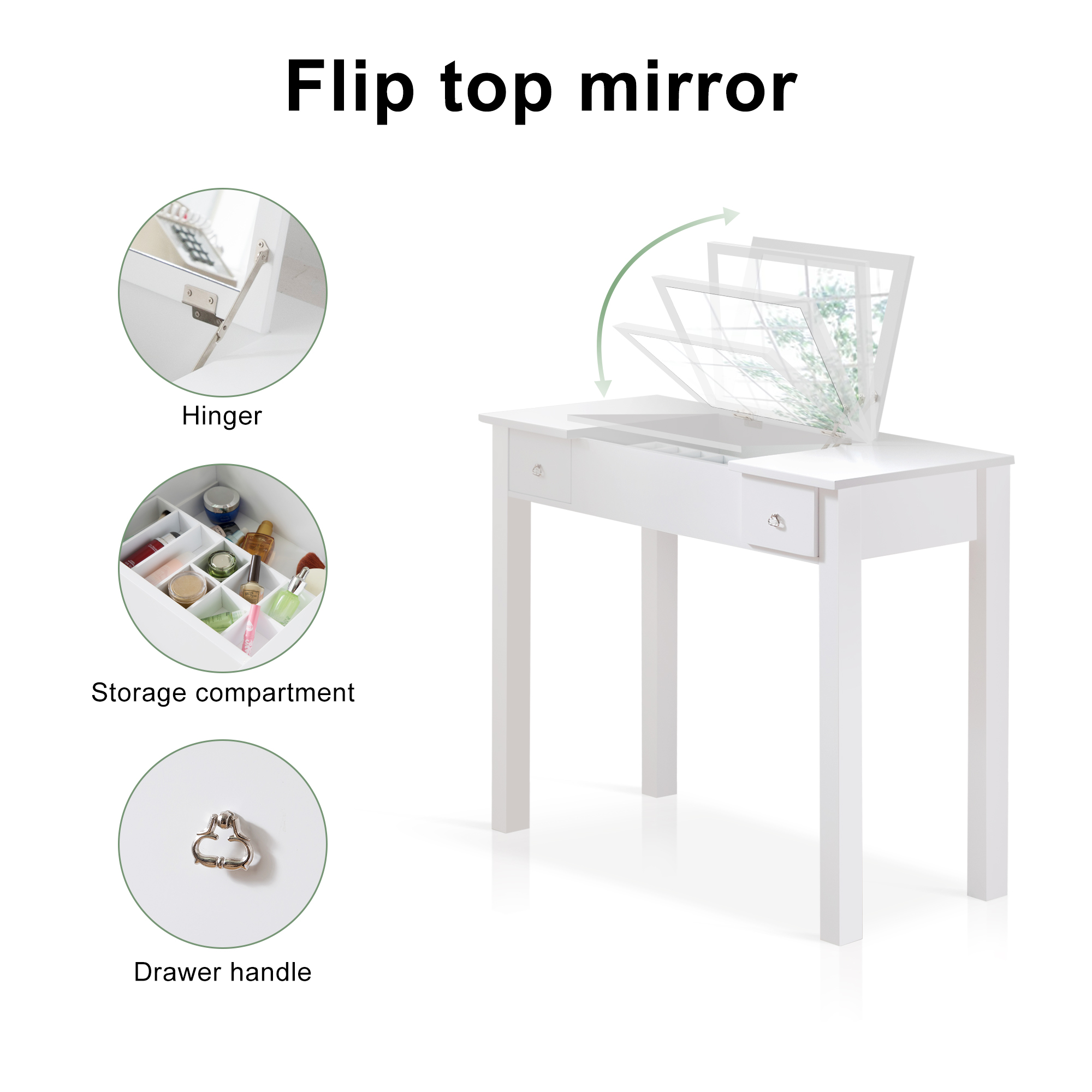 Kepooman Makeup Vanity with Upholstered Stool and Flip-Top Mirror and 2 Drawers, Small Computer Desk Home Office Desk for Writing Study Bedroom, White Kepooman Makeup Vanity with Upholstered Stool and Flip-Top Mirror and 2 Drawers, Small Computer Desk Home Office Desk for Writing Study Bedroom, White