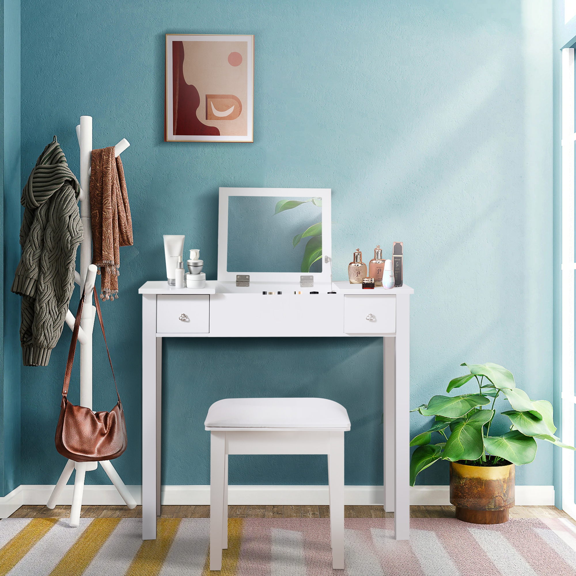 Kepooman Makeup Vanity with Upholstered Stool and Flip-Top Mirror and 2 Drawers, Small Computer Desk Home Office Desk for Writing Study Bedroom, White Kepooman Makeup Vanity with Upholstered Stool and Flip-Top Mirror and 2 Drawers, Small Computer Desk Home Office Desk for Writing Study Bedroom, White
