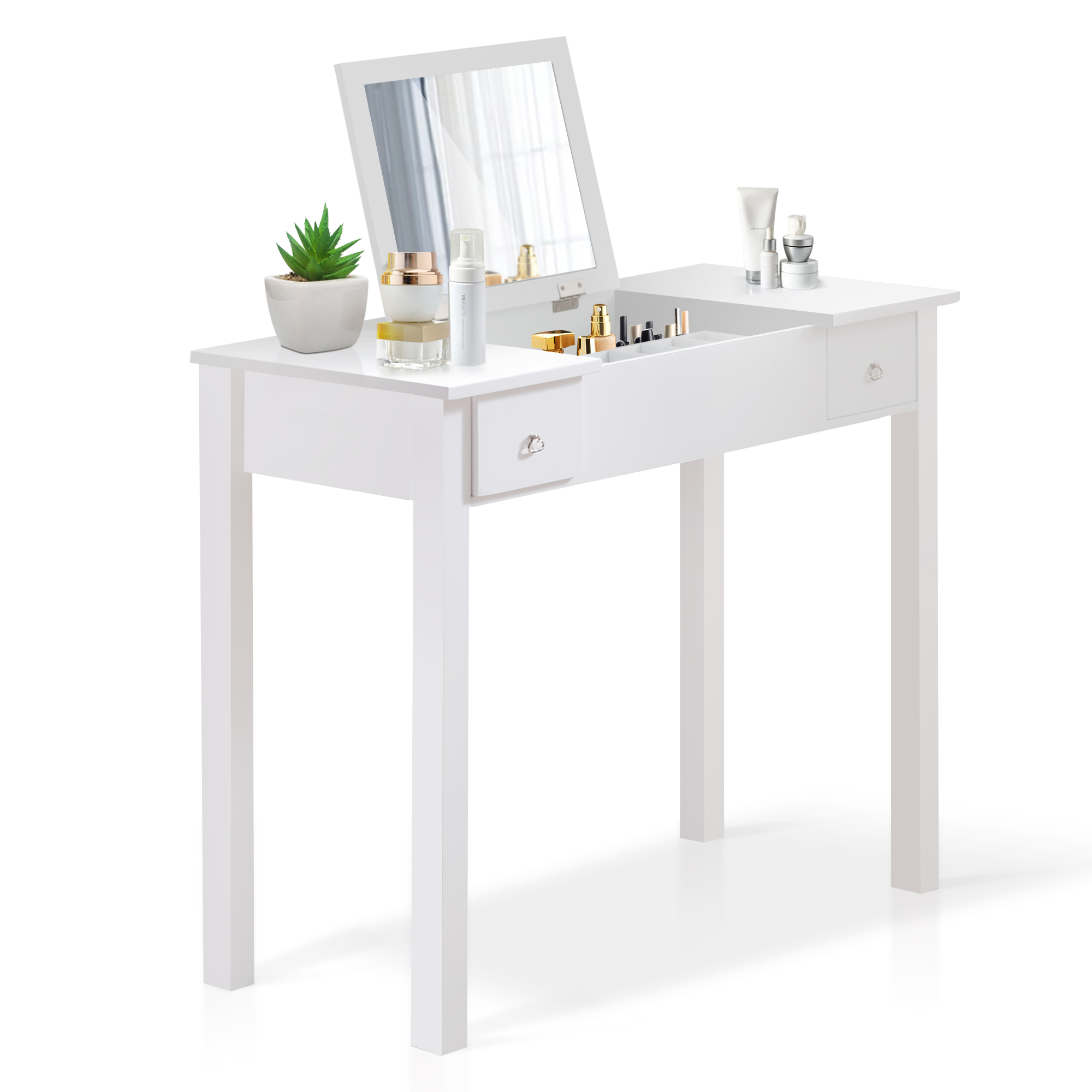 Kepooman Makeup Vanity with Upholstered Stool and Flip-Top Mirror and 2 Drawers, Small Computer Desk Home Office Desk for Writing Study Bedroom, White Kepooman Makeup Vanity with Upholstered Stool and Flip-Top Mirror and 2 Drawers, Small Computer Desk Home Office Desk for Writing Study Bedroom, White
