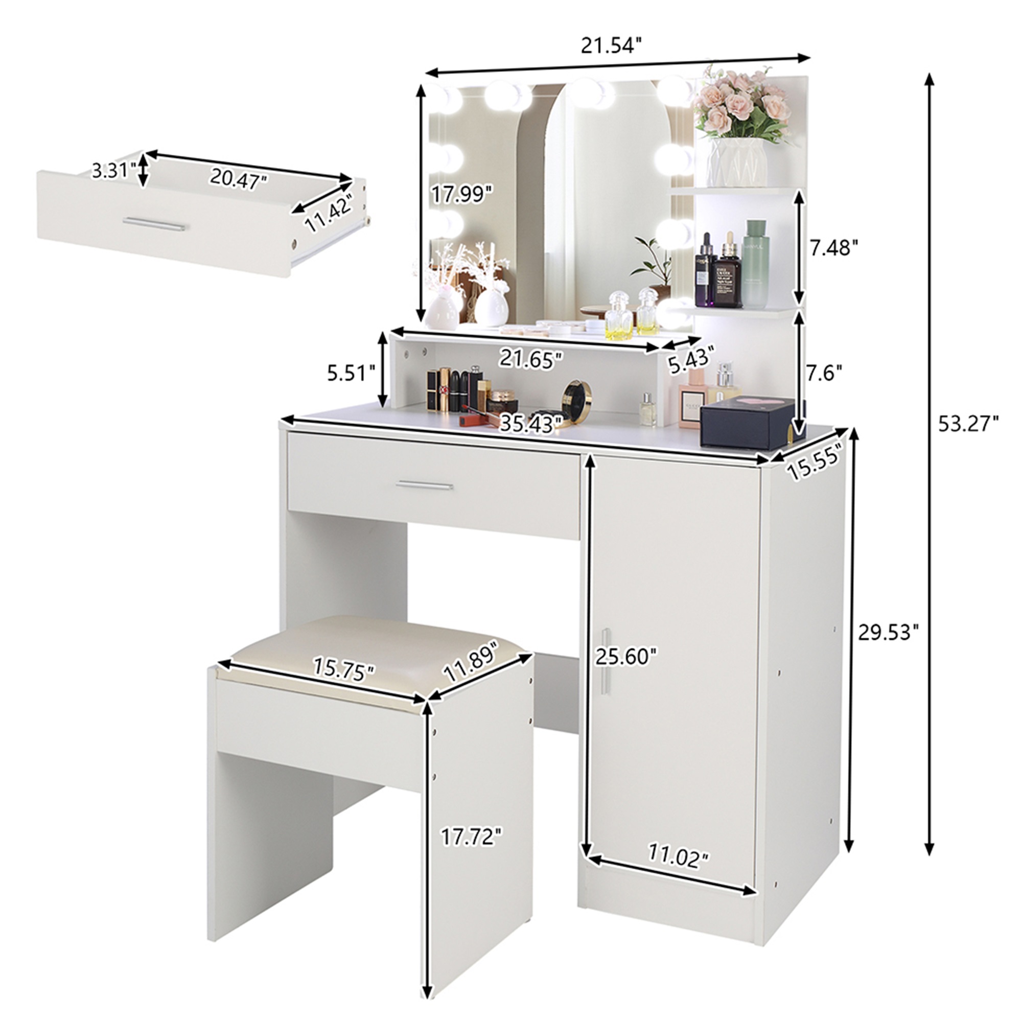 Resenkos Large Vanity Desk Set with 10 LED Bulbs, Makeup Dressing Table with Cushioned Stool for Women, Girls, Bedroom, White