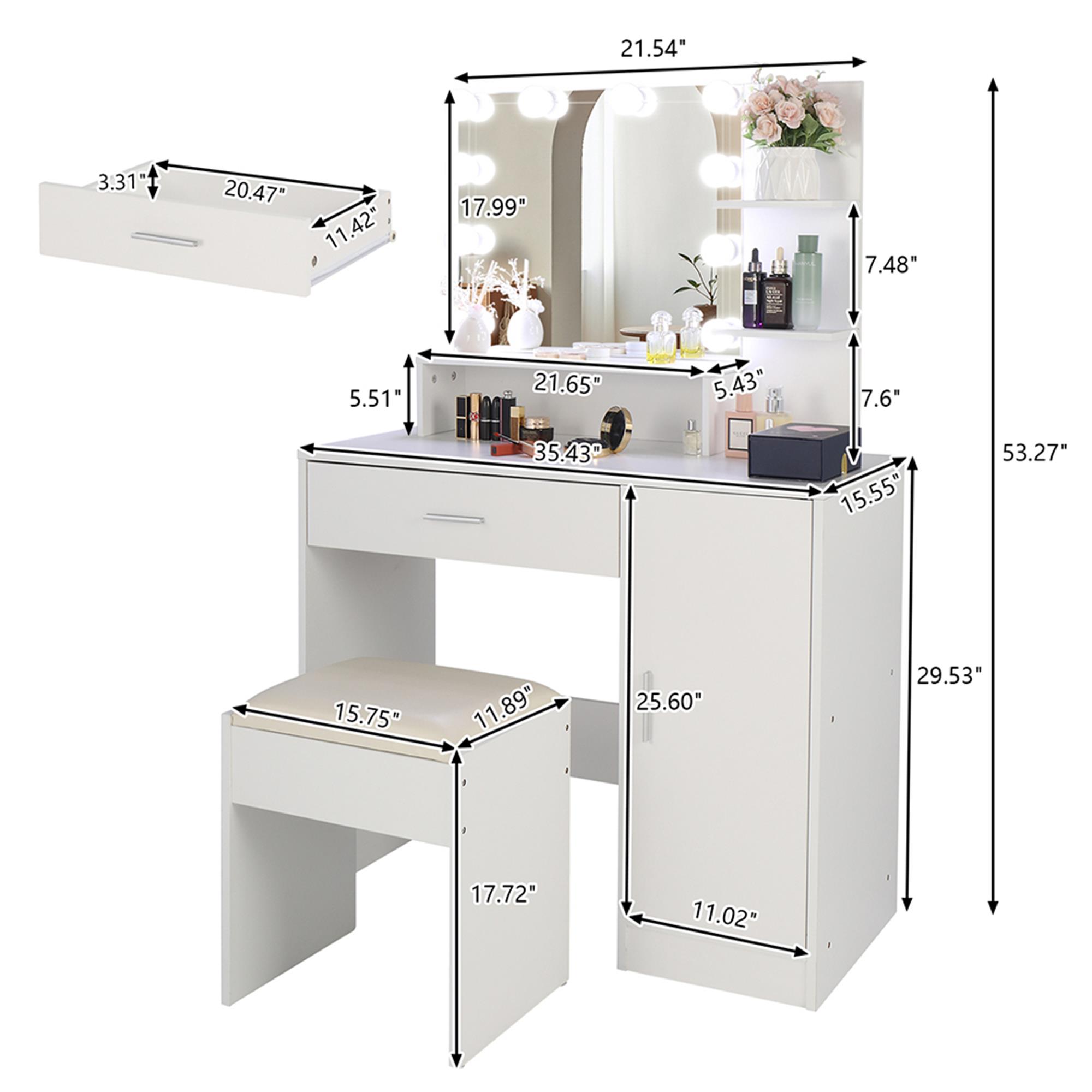 Kadyn Large Vanity Desk Set with 10 LED Bulbs, Makeup Dressing Table with Cushioned Stool for Women, Girls, Bedroom, White