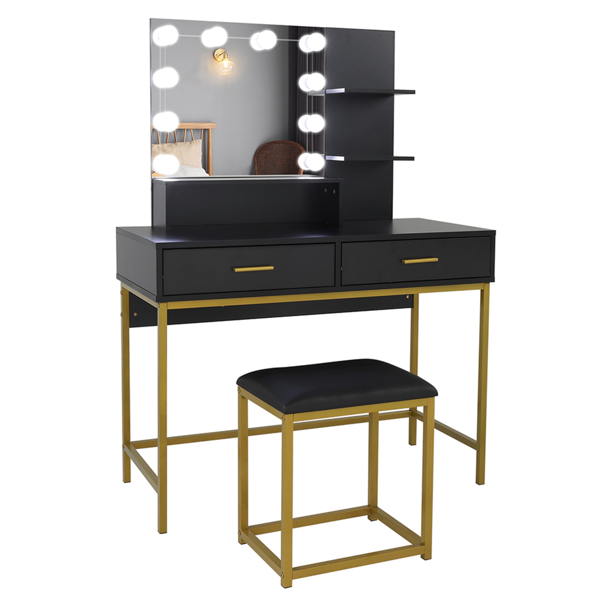 Kadyn Makeup Dressing Table with 10 LED Bulbs, Makeup Table with Mirror and Lights for Women, Girls, Bedroom, Black