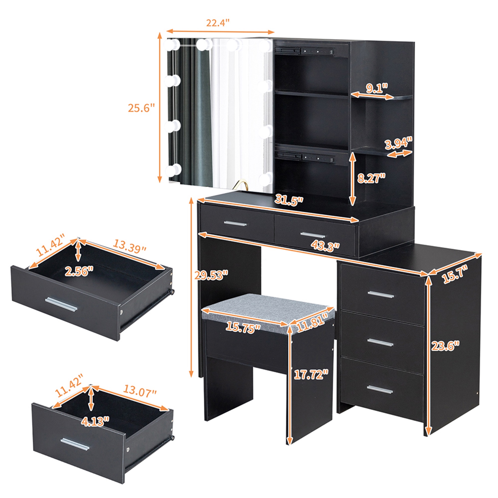 Kadyn Makeup Vanity Table, Vanity Table and Chair Set with 5 Pumps 2 Shelves, Black