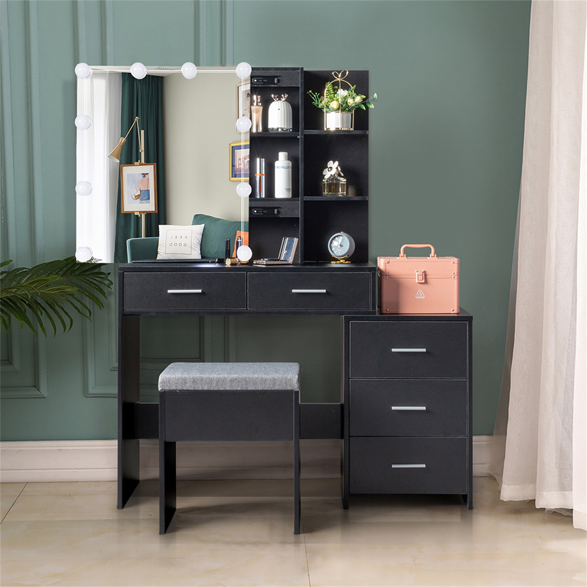 Kepooman Makeup Vanity Table, Vanity Table and Chair Set with 5 Pumps 2 Shelves, Black Kepooman Makeup Vanity Table, Vanity Table and Chair Set with 5 Pumps 2 Shelves, Black