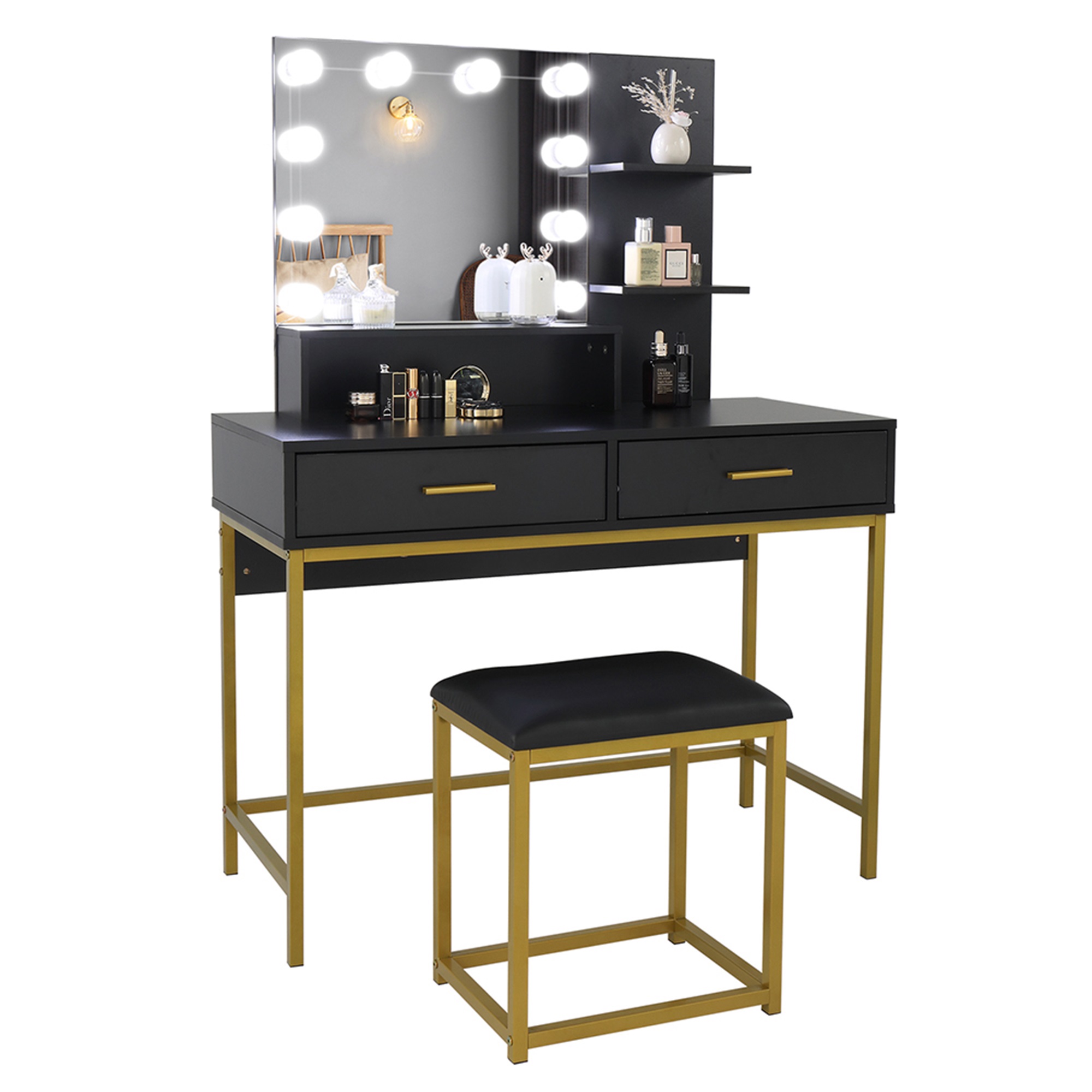 Kadyn Vanity Set with 10 LED Bulbs, Makeup Table with Cushioned Stool, 3 Storage Shelves 2 Drawers, Dressing Table Dresser Desk for Women, Girls, Bedroom, Black