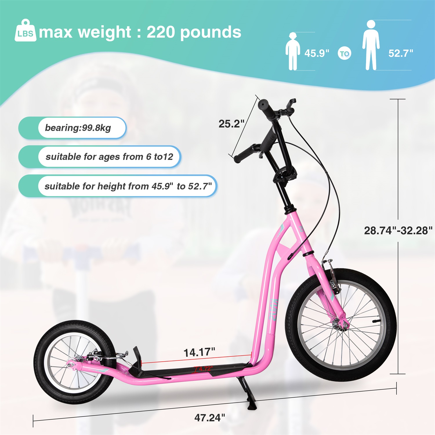 CIPACHO Kids Scooter Kick Scooter for Ages 5+, Adjustable Handlebar, 16" Front and 12" Rear Dual Brakes Inflatable Wheels, Pink