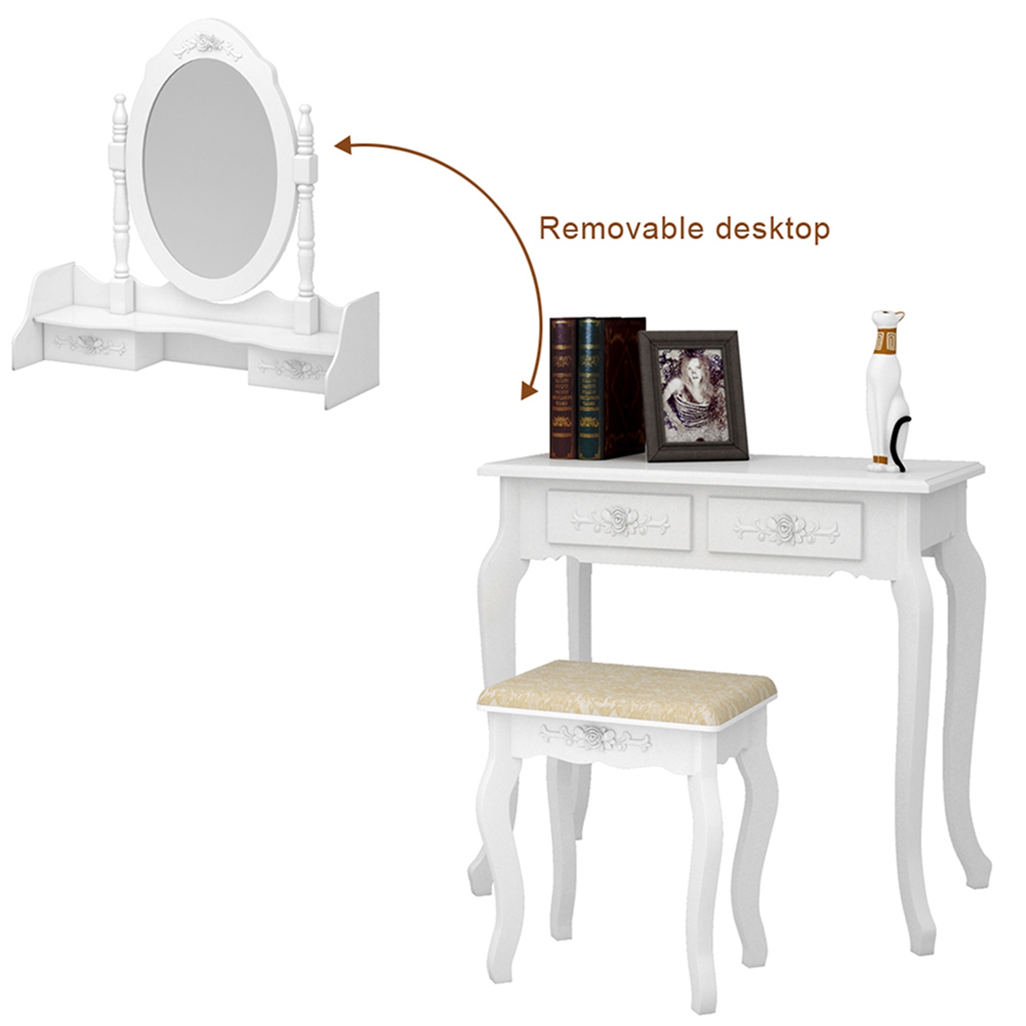 Resenkos Vanity Desk with Lighted Mirror, Vanity Table and Chair Set with 4 Drawer, White