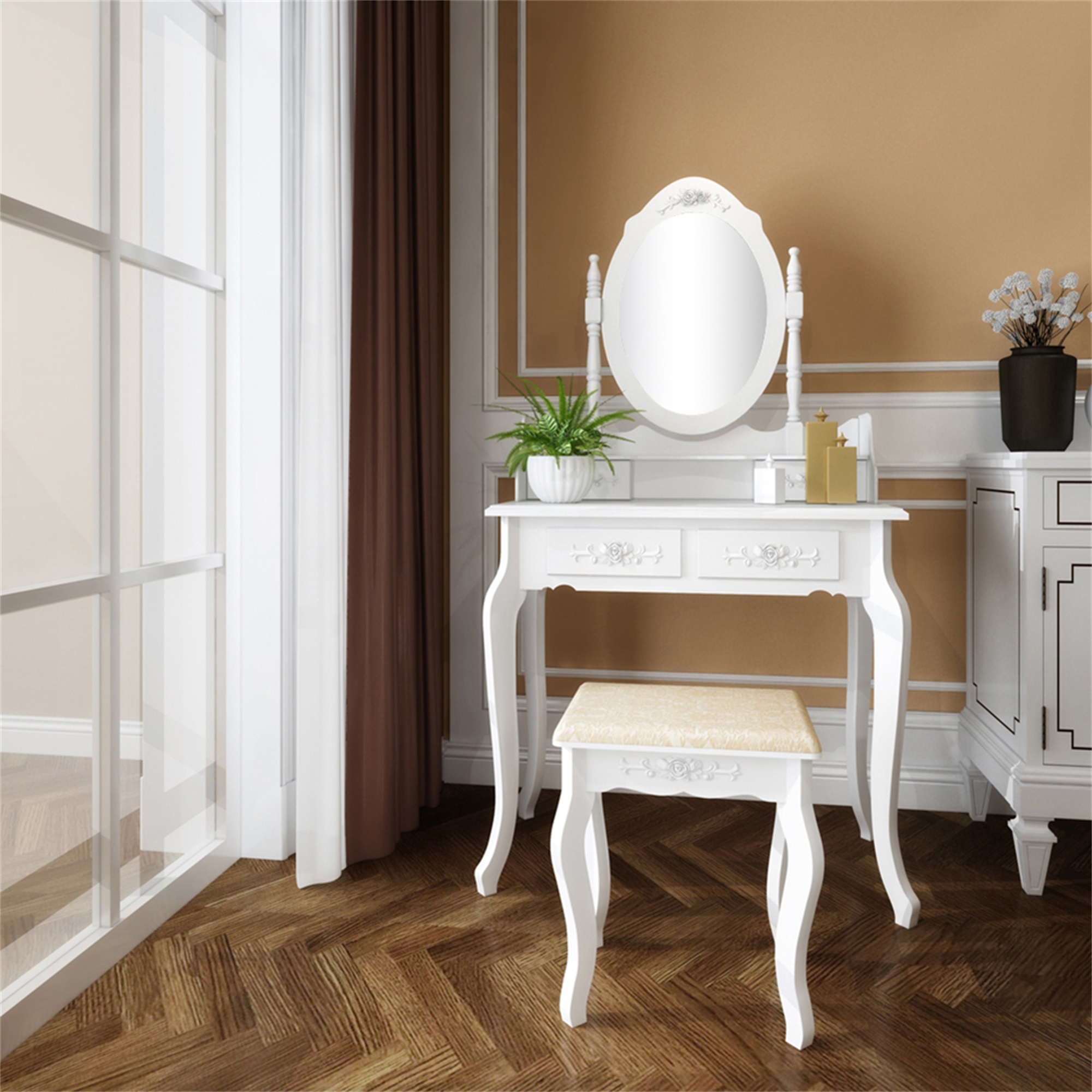 Kepooman Vanity Desk with Lighted Mirror, Vanity Table and Chair Set with 4 Drawer, White Kepooman Vanity Desk with Lighted Mirror, Vanity Table and Chair Set with 4 Drawer, White