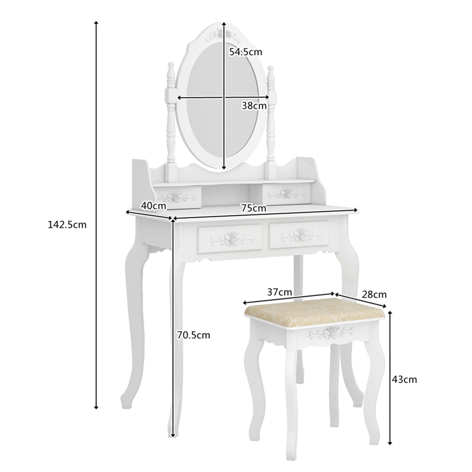 Kepooman Vanity Desk with Lighted Mirror, Vanity Table and Chair Set with 4 Drawer, White Kepooman Vanity Desk with Lighted Mirror, Vanity Table and Chair Set with 4 Drawer, White