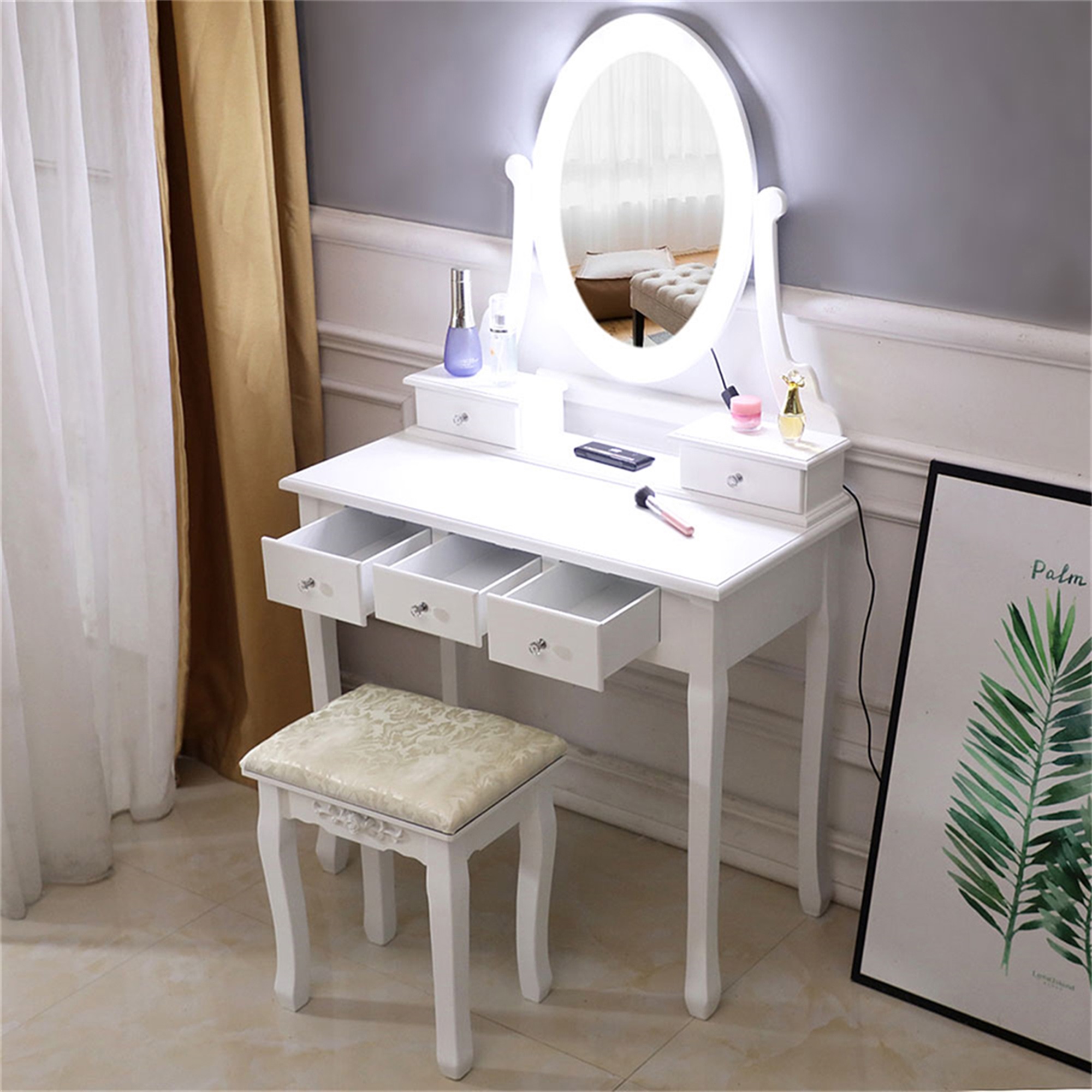 Kadyn Vanity Table and Chair Set with Light Bulb, Make Up Vanity Desk with 5 Drawer, White