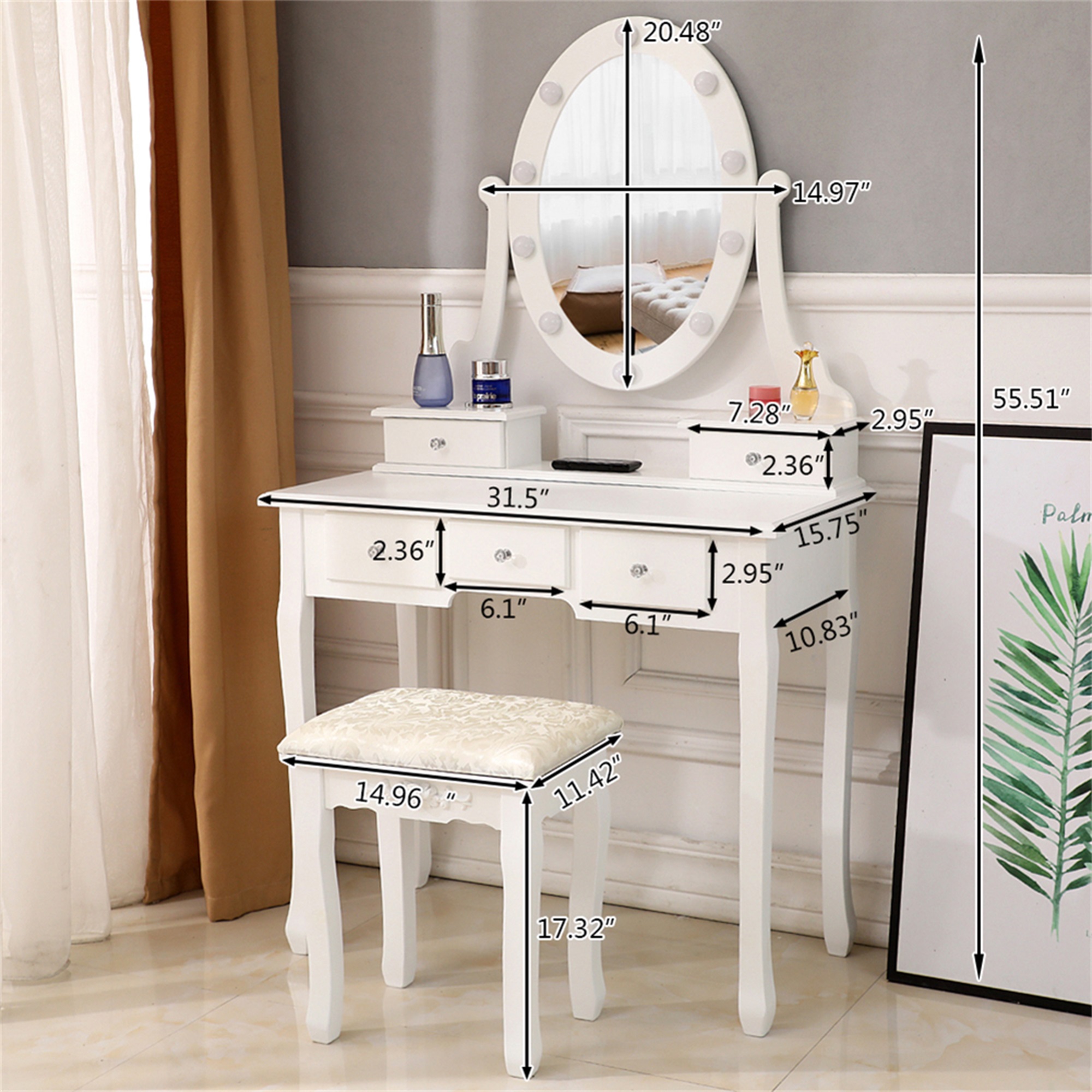 Resenkos Vanity Table and Chair Set with Light Bulb, Make Up Vanity Desk with 5 Drawer, White