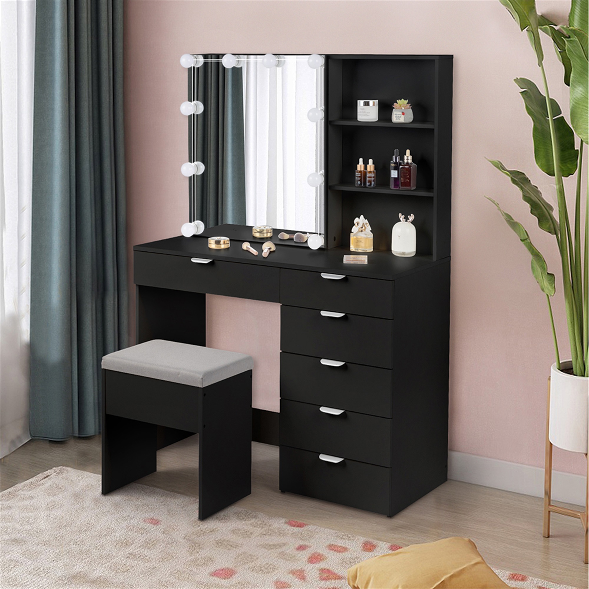 Kadyn Make Up Vanity Desk with 6 Pumps 2 Shelves Mirror Cabinet 3 Tone Light Bulbs, Vanity Table and Chair Set, Black