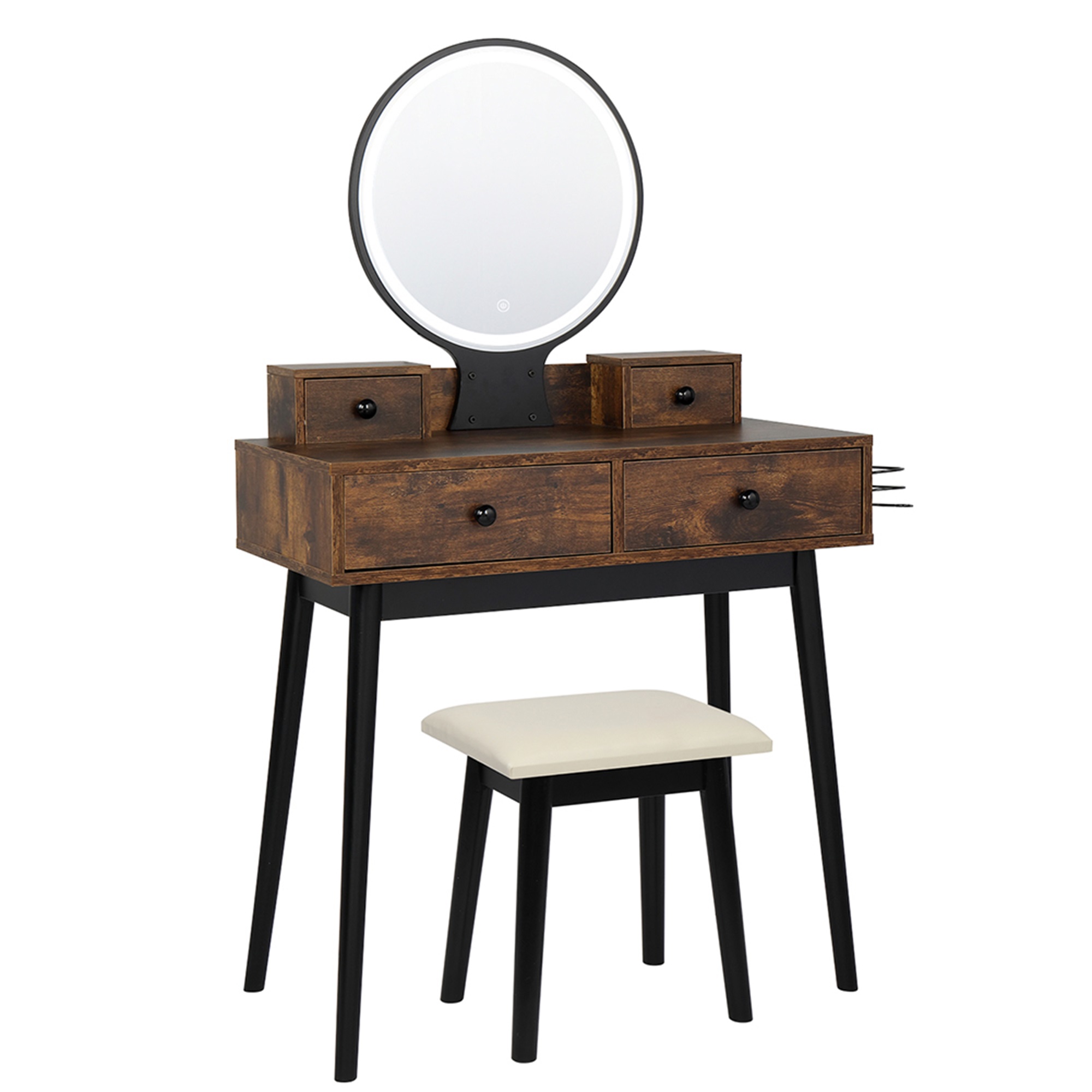 Kadyn Vanity Set with Touch Screen Lighted Mirror, Makeup Table with Cushioned Stool, 4 Drawers, Rustic Brown and Black