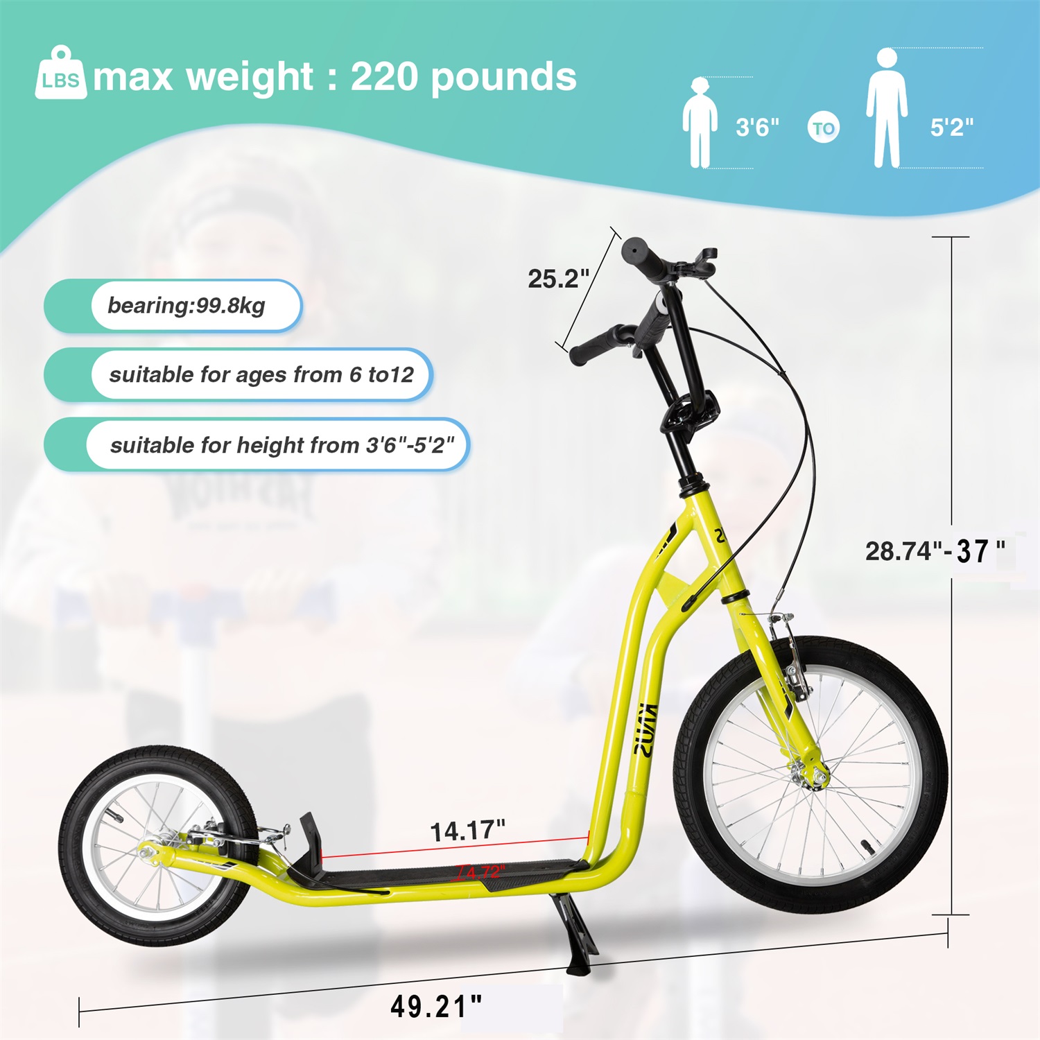 CIPACHO Kids Scooter Kick Scooter for Ages 5+, Adjustable Handlebar, 16" Front and 12" Rear Dual Brakes Inflatable Wheels, Yellow