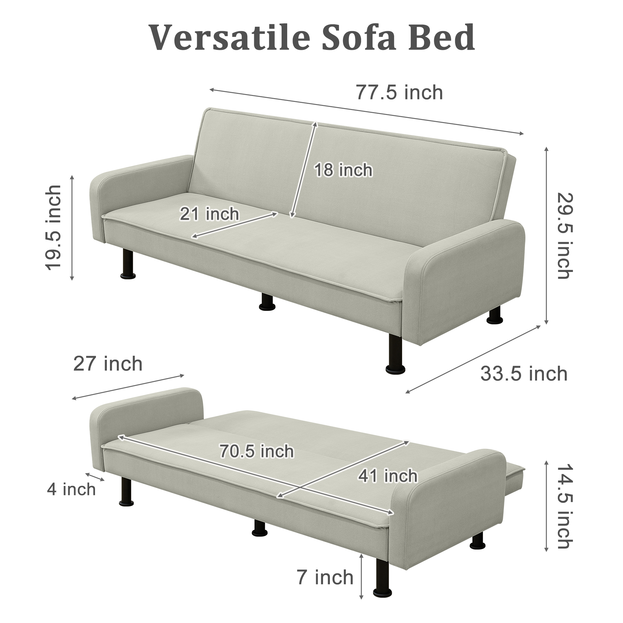 Spaco Futon Sofa Bed Convertible Futon Sleeper Sofa for Living Room Furniture, Light Grey