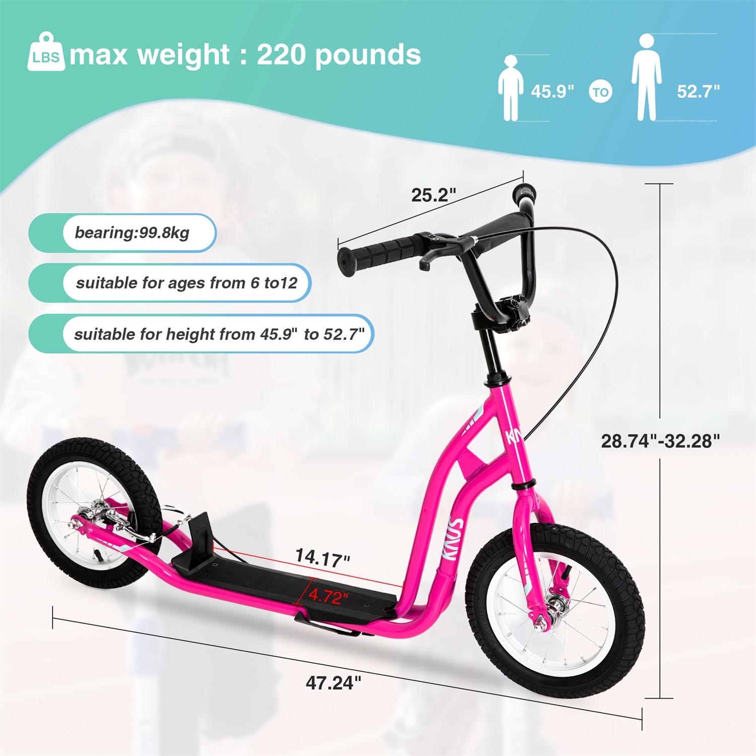 CIPACHO Youth Scooter Kick Scooter for Ages 5+, Adjustable Handlebar, 12" Front and Rear Dual Brakes Inflatable Wheels, Pink