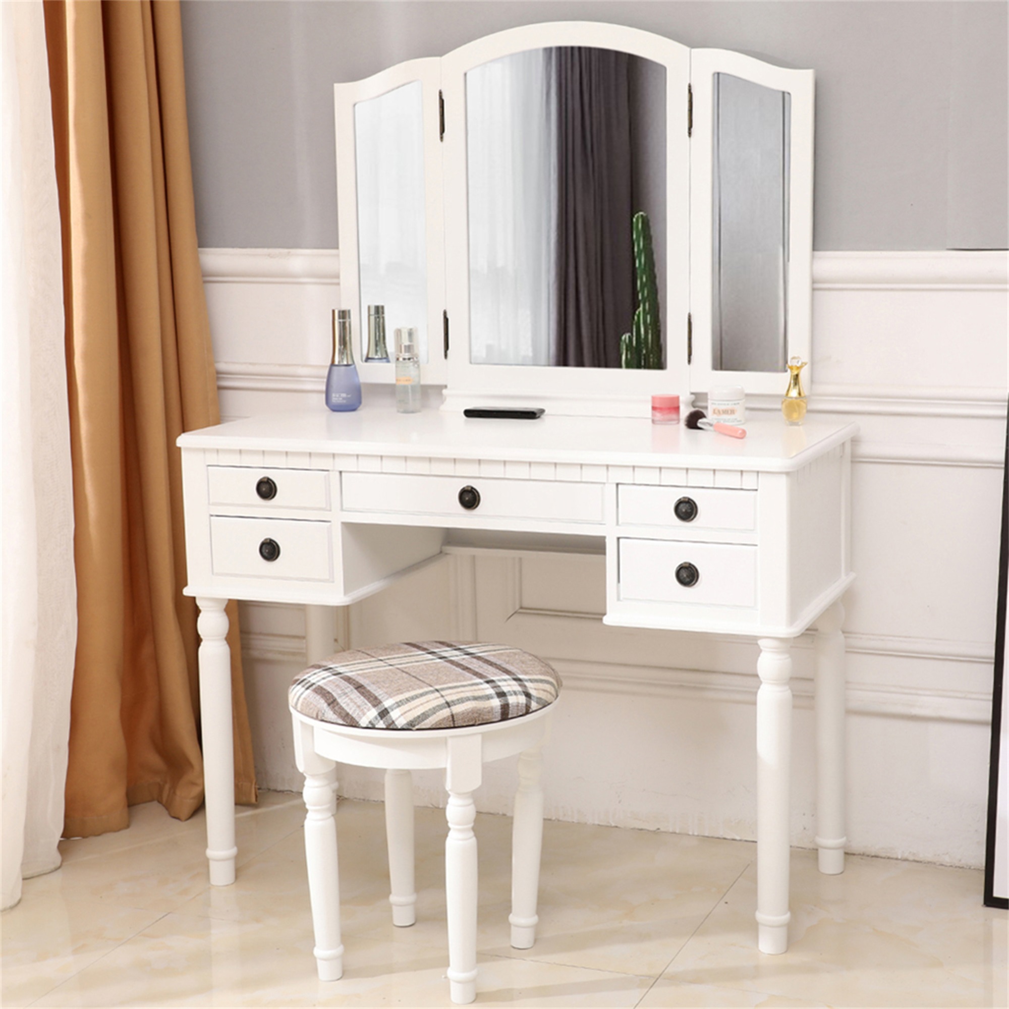 Kadyn Vanity Table and Chair Set, Vanity Set with Mirror and Stool with 3 Drawer, White