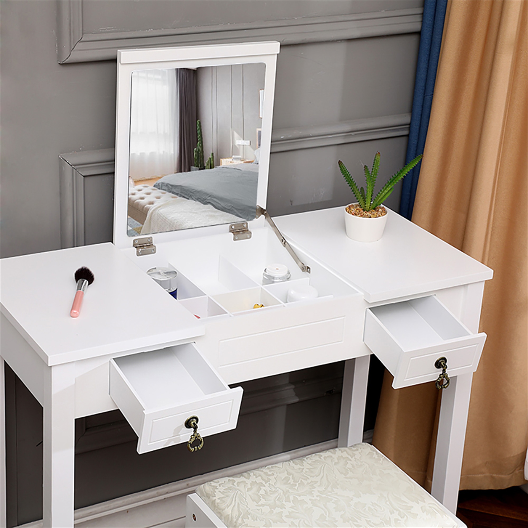 Kadyn Vanity Table and Chair Set, Vanity Set with Mirror and Stool, White