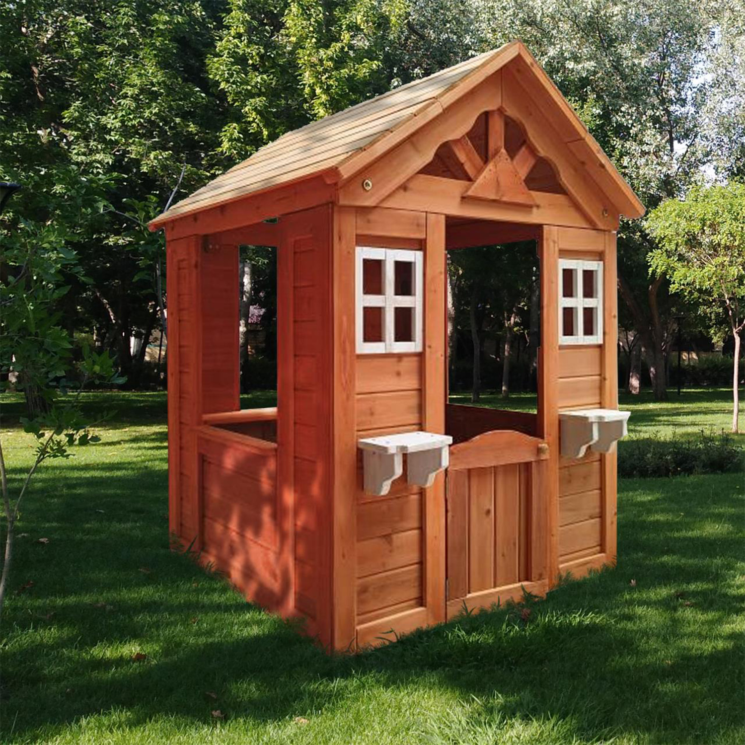 CIPACHO 55" Wooden Kids Playhouse for Ages 4-8, Outdoor Play House with 2 Windows and Flowerpot Holder, Orange