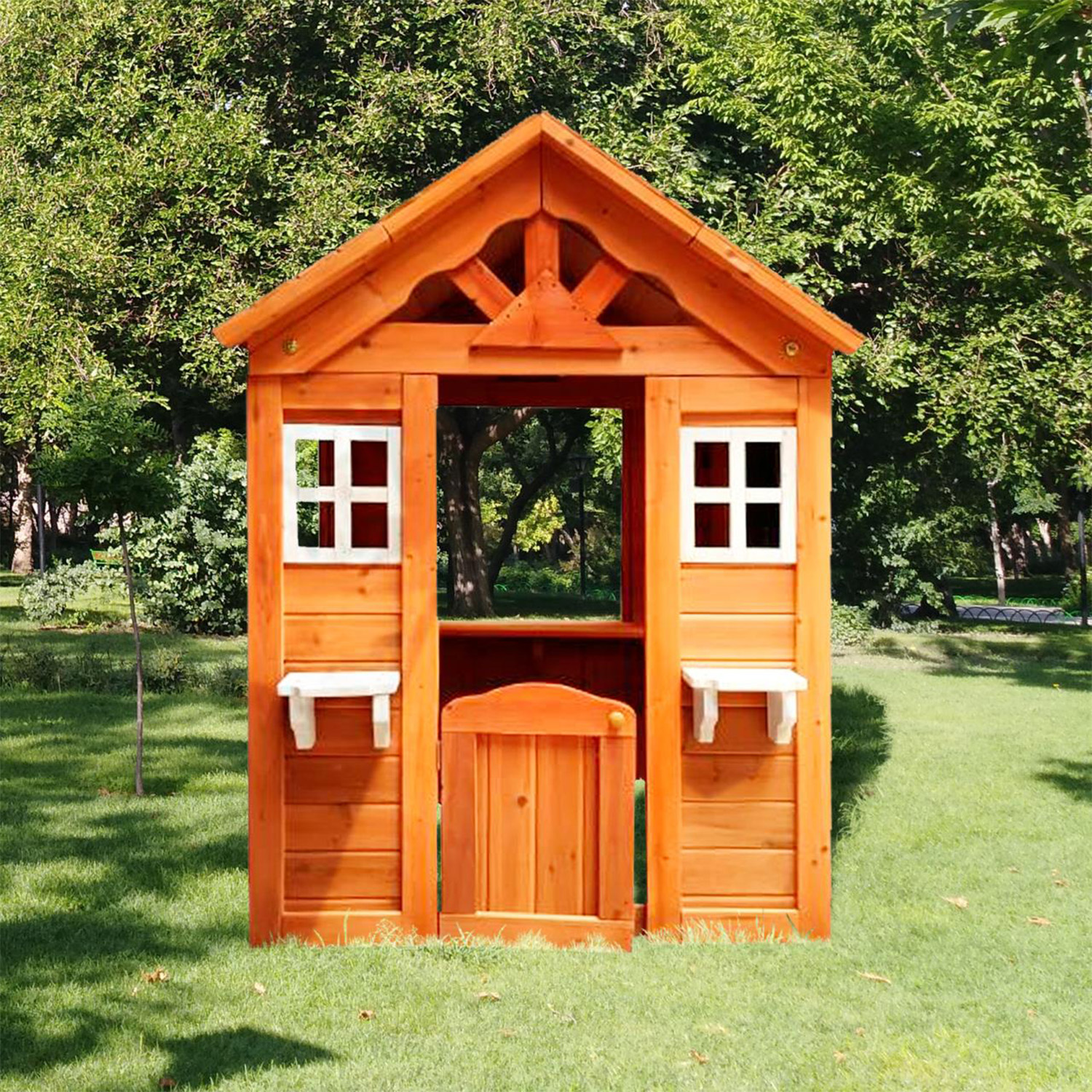 CIPACHO 55" Outdoor Kids Playhouse for Kids Ages 4-8, Wooden Play House with 2 Windows and Flowerpot Holder, Orange