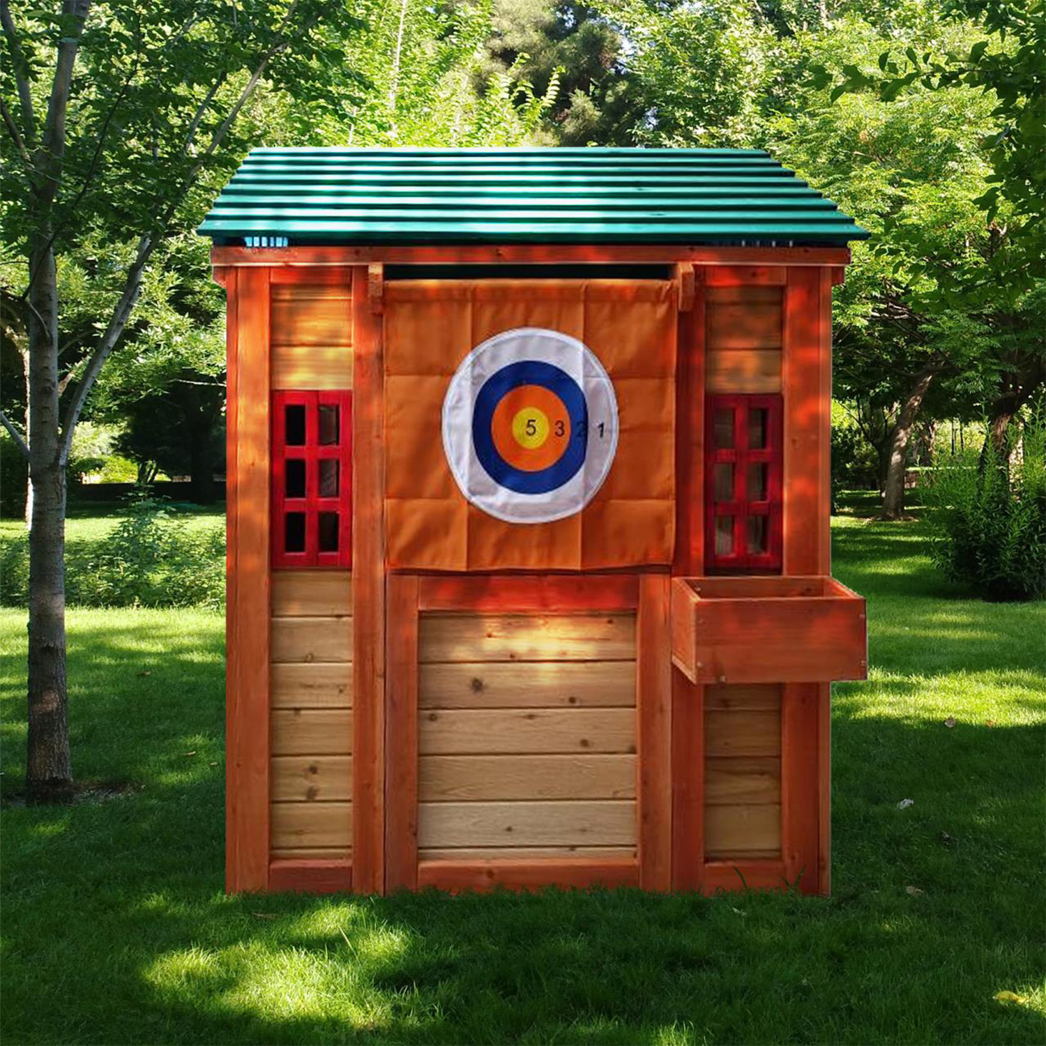 CIPACHO 64" Outdoor Playhouse for Kids Solid Wooden 4-in-1 Game House Garden Play House with Multiple Game, Orange