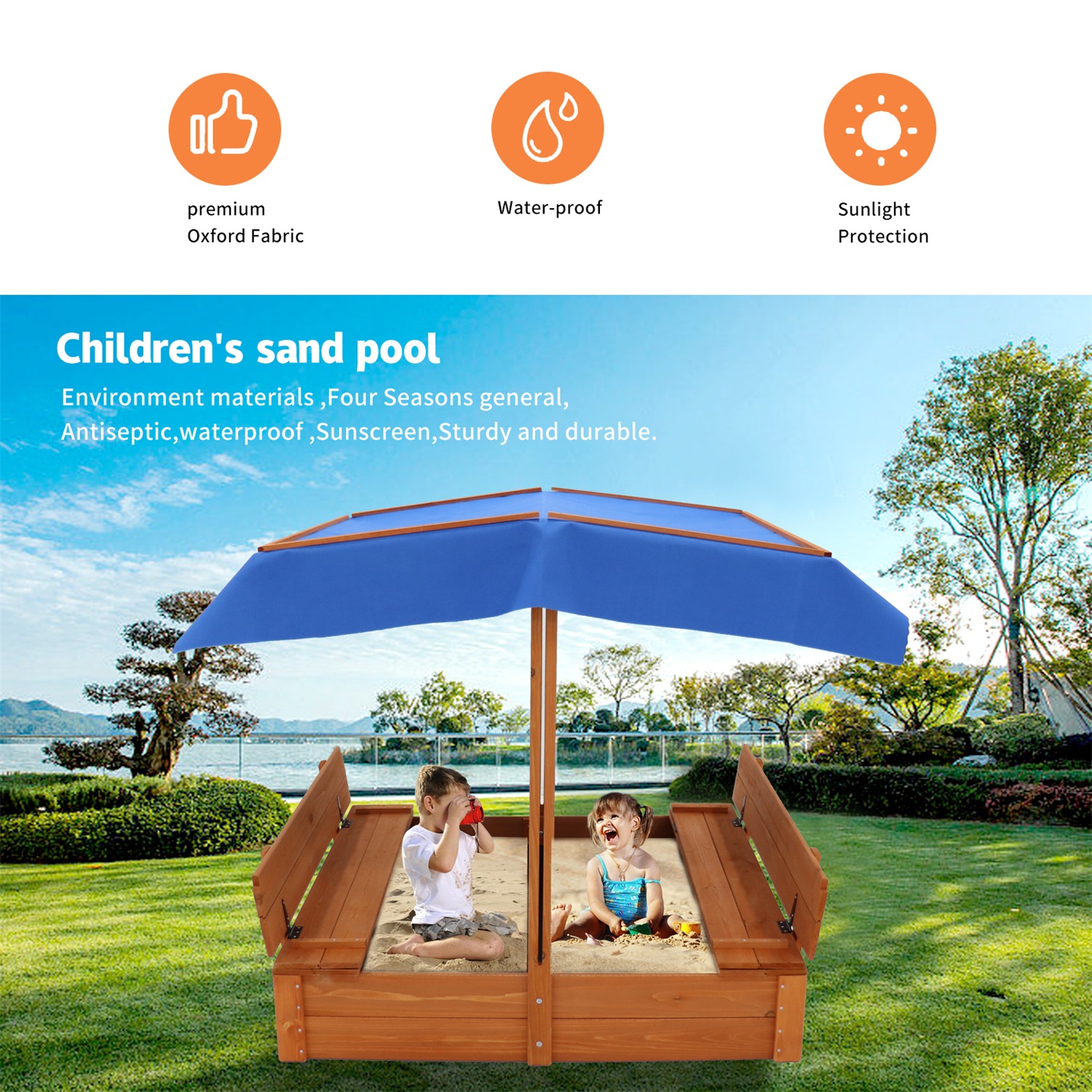 CIPACHO Wooden Kid's Sandbox with Cover, Sandpit with Adjustable Canopy, Backyard Garden Play, Brown