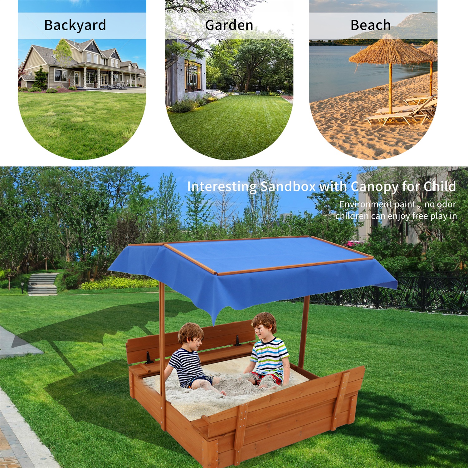 CIPACHO Wooden Kid's Sandbox with Cover, Sandpit with Adjustable Canopy, Backyard Garden Play, Brown