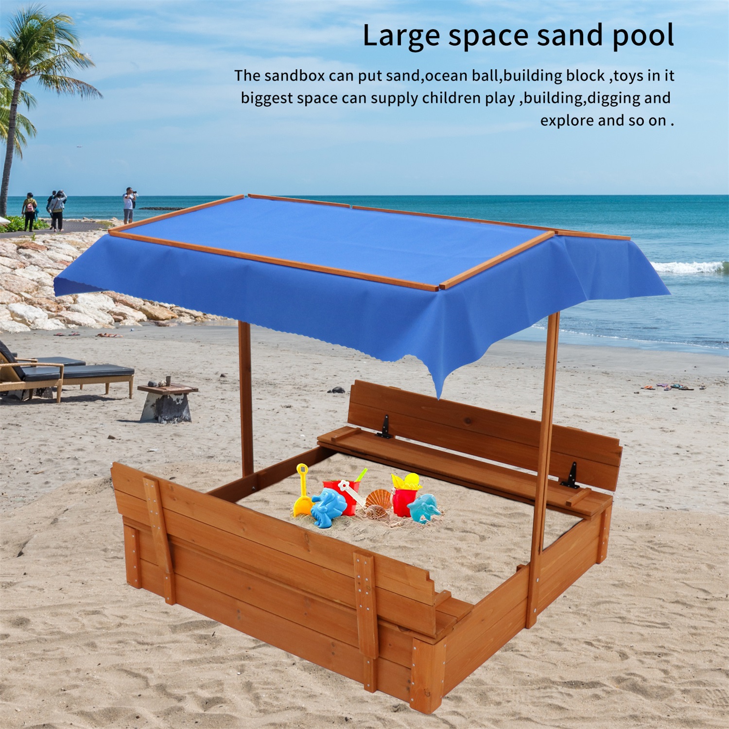 CIPACHO Wood Sandbox with Cover and 2 Built-in Bench Seats, Sand Boxes for Backyard Garden, Sand Pit for Beach Patio Outdoor for Ages 3-8, Brown