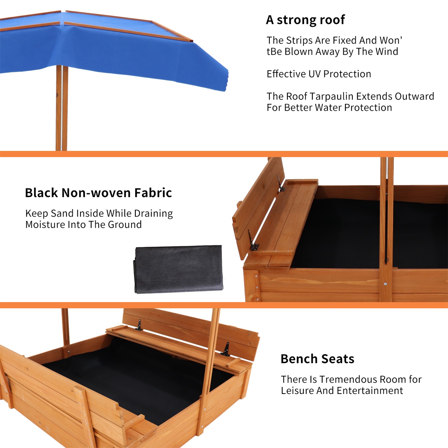 CIPACHO Wood Sandbox with Cover and 2 Built-in Bench Seats, Sand Boxes for Backyard Garden, Sand Pit for Beach Patio Outdoor for Ages 3-8, Brown