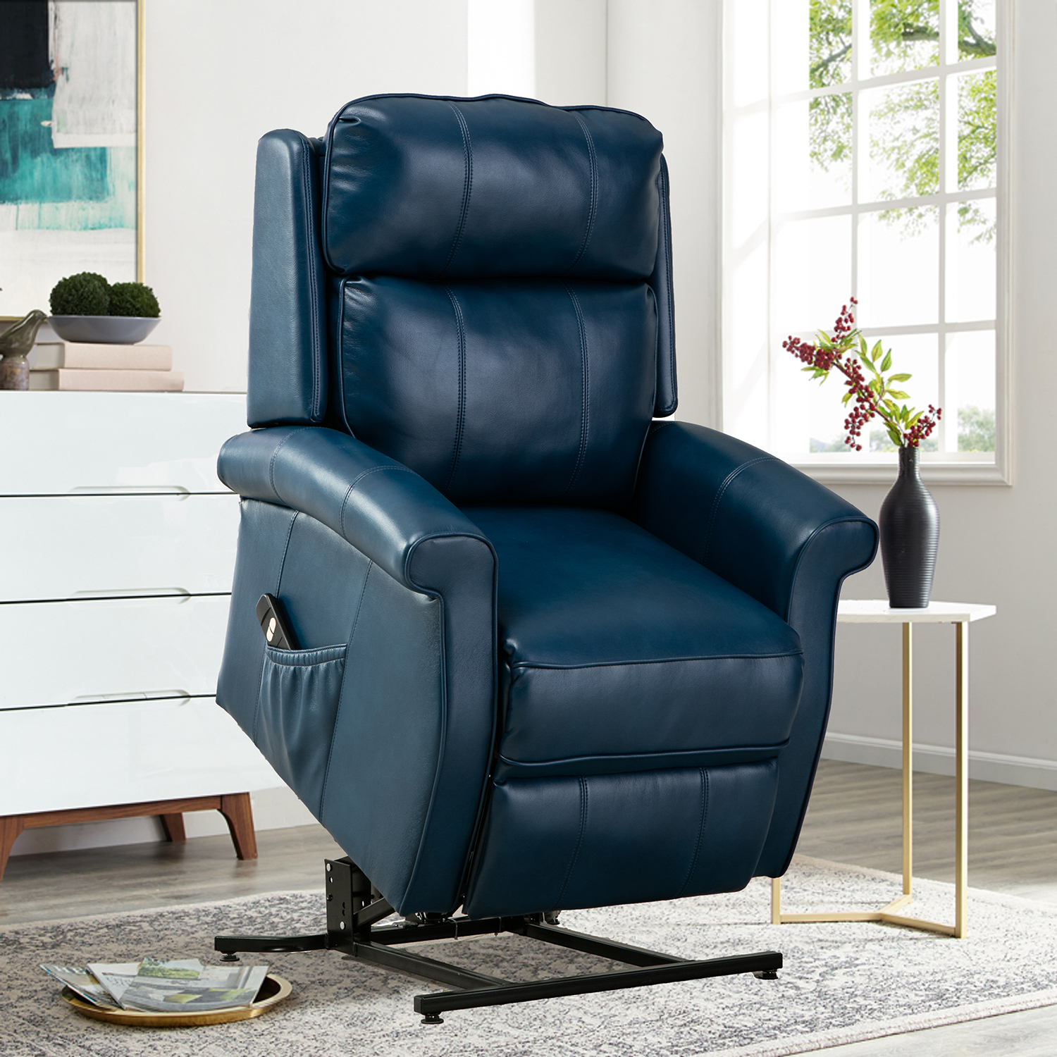 Kepooman Traditional Leather Lift Chair with Soft Upholstery and Sturdy Base Leather Back Lift Chair, Modern Power Recliner Single Sofa, High Back Sofa for Living Room Bedroom, Navy Blue