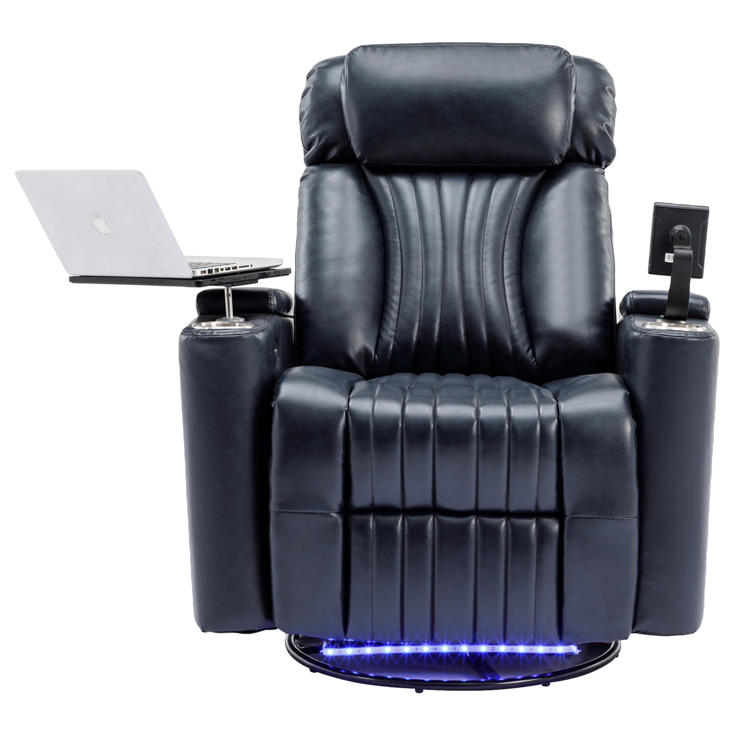 Kepooman Power Recliner, Leather Power Recliner with Concealed Arm Storage with Comfort Backrest, LED Lights, Cup Holder, 270° Swivel Home Theater Recliner, Blue