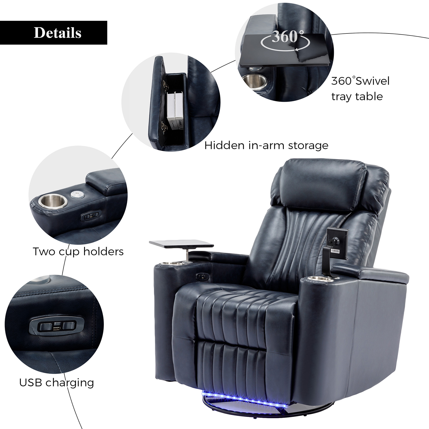 Kepooman Power Recliner, Leather Power Recliner with Concealed Arm Storage with Comfort Backrest, LED Lights, Cup Holder, 270° Swivel Home Theater Recliner, Blue Kepooman Power Recliner, Leather Power Recliner with Concealed Arm Storage with Comfort Backrest, LED Lights, Cup Holder, 270° Swivel Home Theater Recliner, Blue